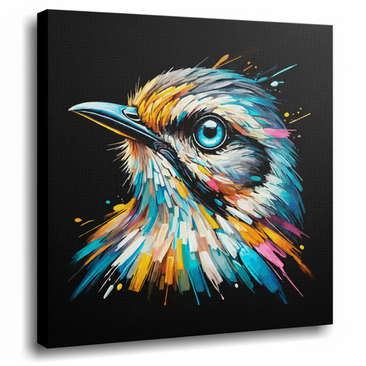 Colourful Mockingbird bird portrait canvas print - UK made abstract wildlife wall art black background