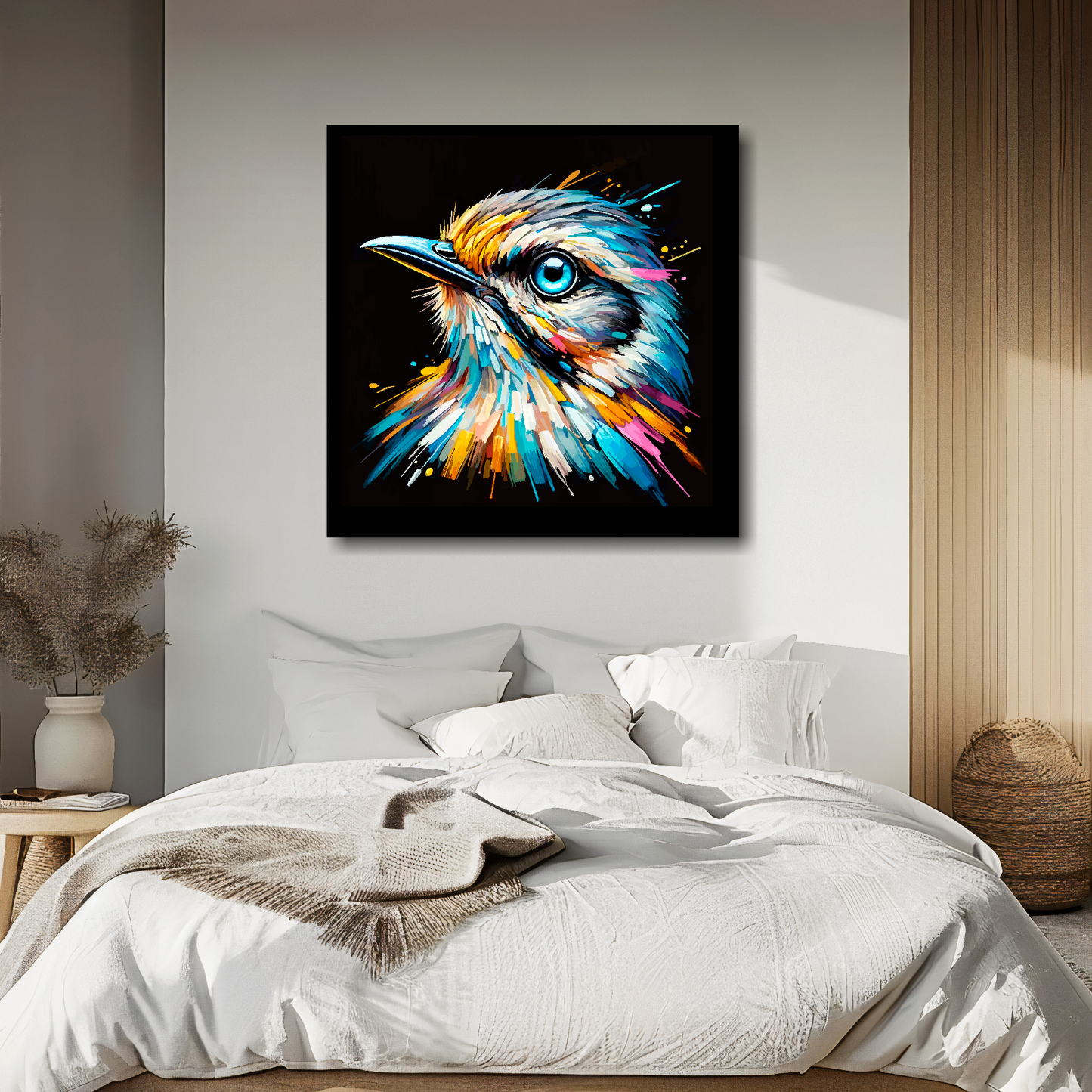 Mockingbird portrait canvas above bed - colourful bird wall decor for UK bedrooms