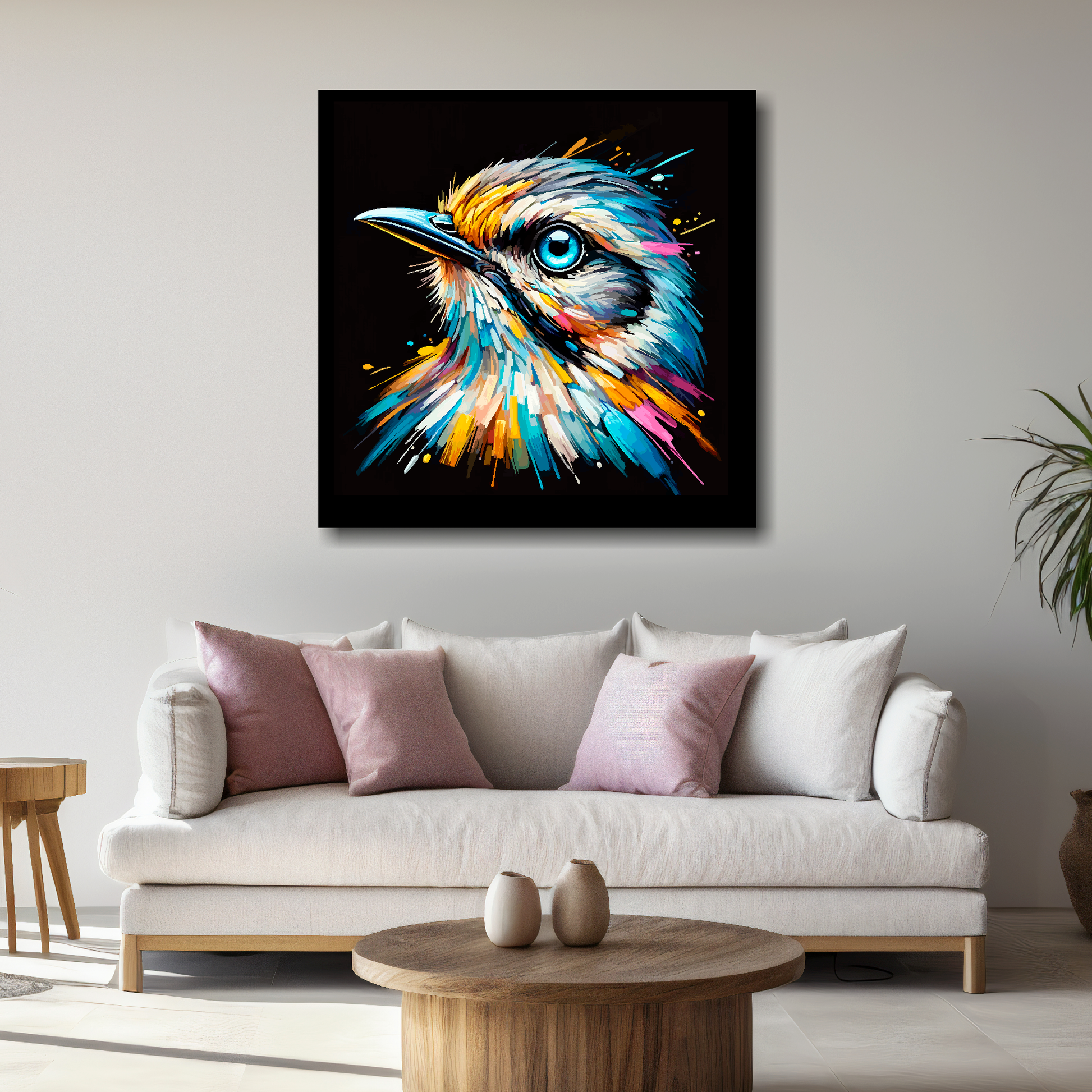 Large Mockingbird canvas above white sofa - vibrant abstract bird portrait wall art UK