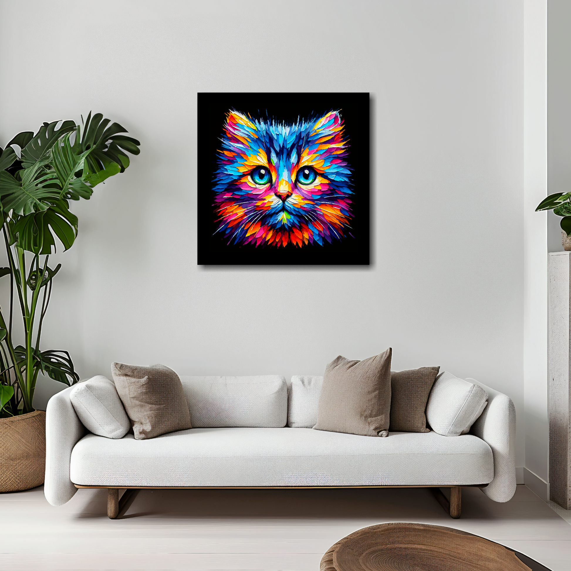 Moggie cat canvas 20x20 inches above white sofa - vibrant cat portrait wall art UK