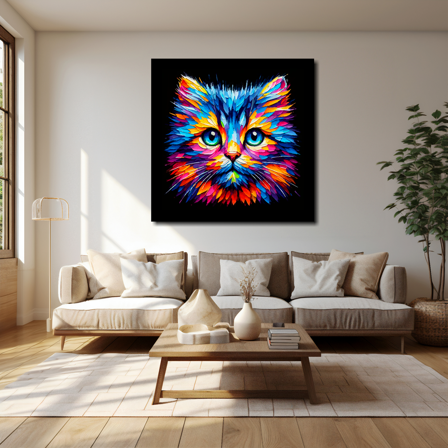 Moggie cat canvas 40x40 inches above cream sofa - XL vibrant cat wall art UK