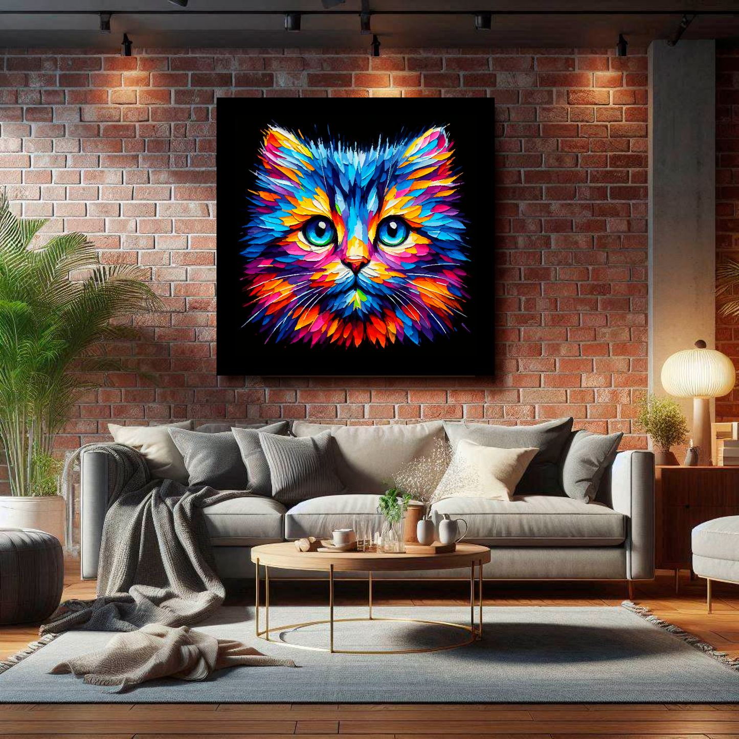 Large Moggie cat canvas on brick wall above grey sofa - bold cat portrait UK living room
