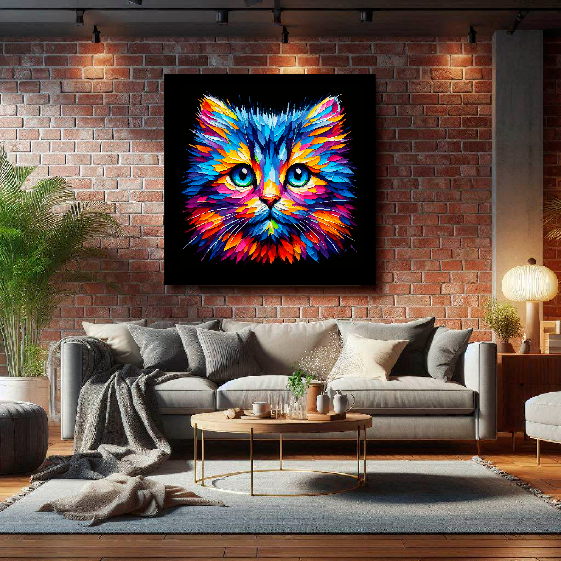 Large Moggie cat canvas on brick wall above grey sofa - bold cat portrait UK living room