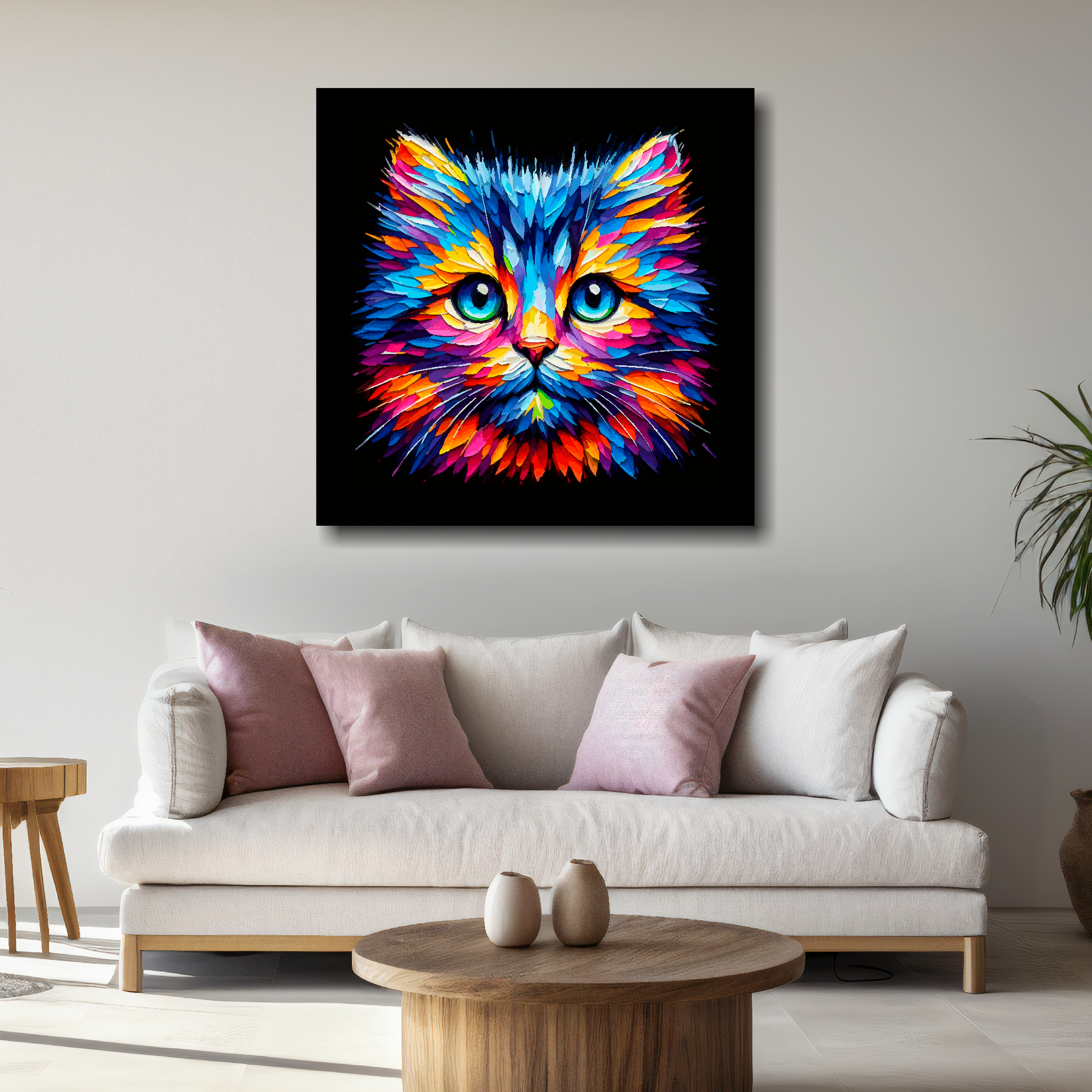 Large Moggie cat canvas above white sofa - vibrant abstract cat portrait wall art UK