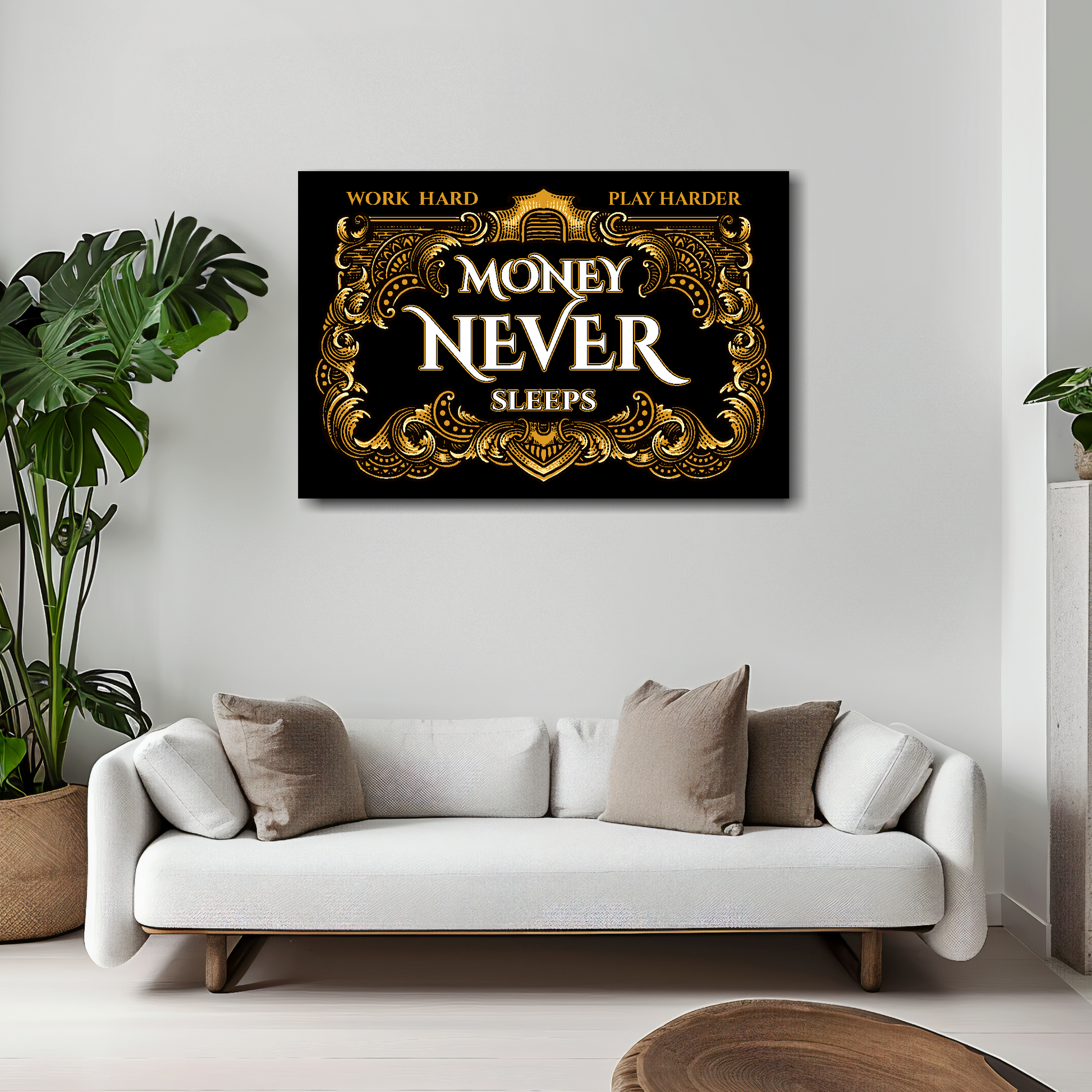 Medium 30x20 inch Money Never Sleeps canvas wall art above cream sofa - UK made finance themed print.