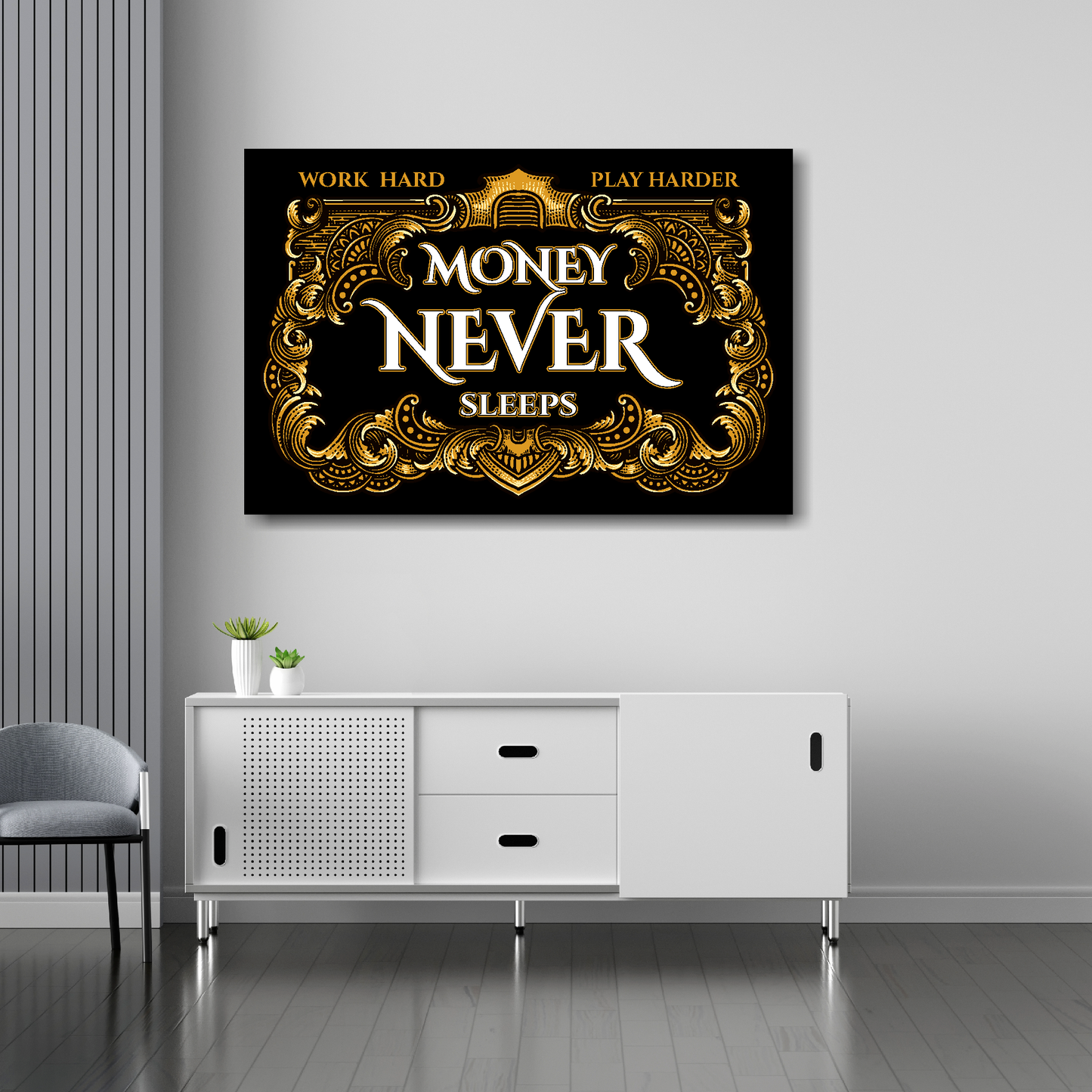 Large 36x24 inch Money Never Sleeps canvas wall art above cream sofa - UK made finance themed print