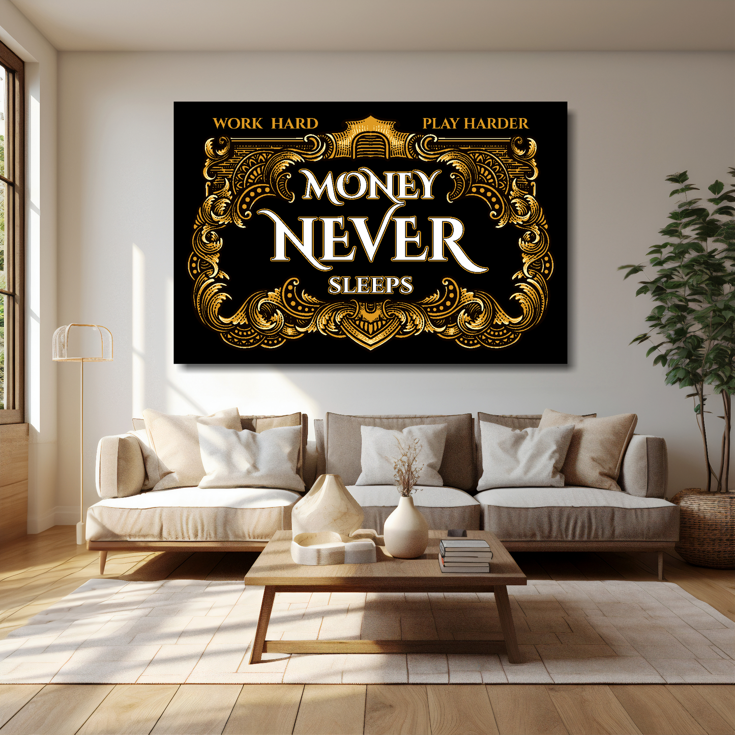 Extra Large 60x40 inch Money Never Sleeps canvas wall art above cream sofa - UK made finance themed print