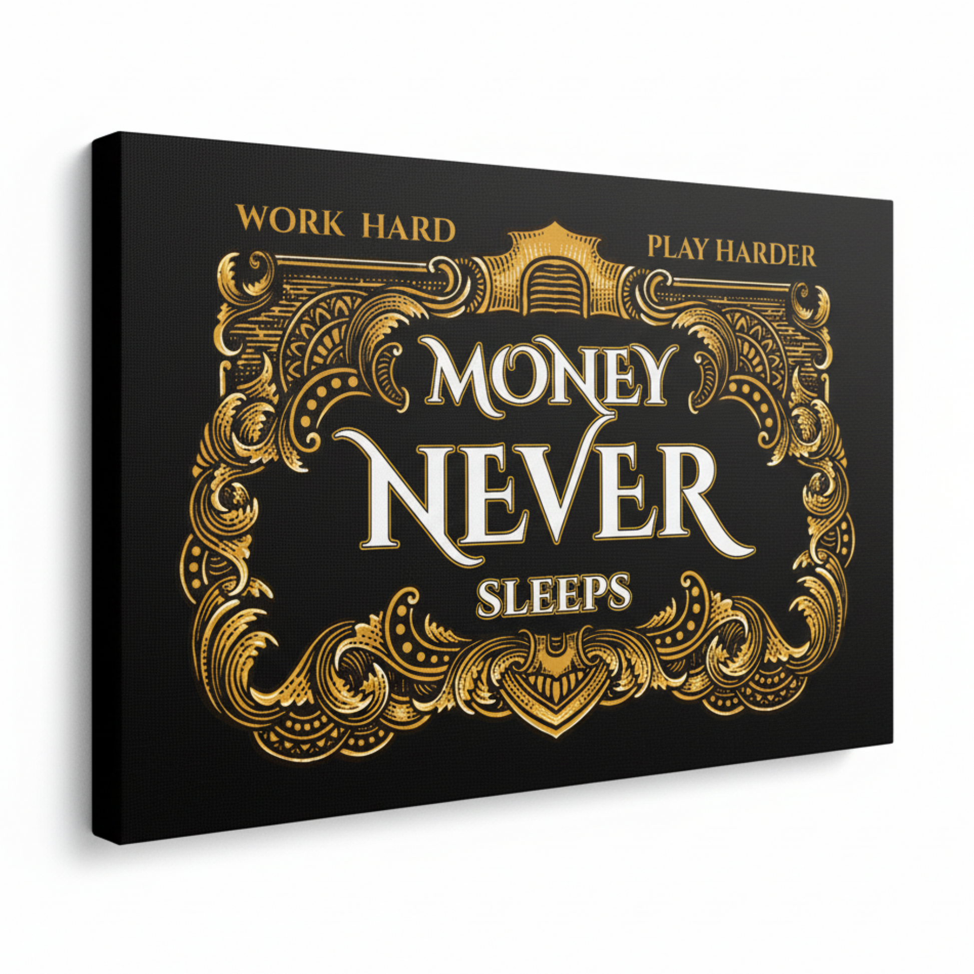 Large canvas print with motivational quote 'Money Never Sleeps' Wall Street Iinspired, UK Made