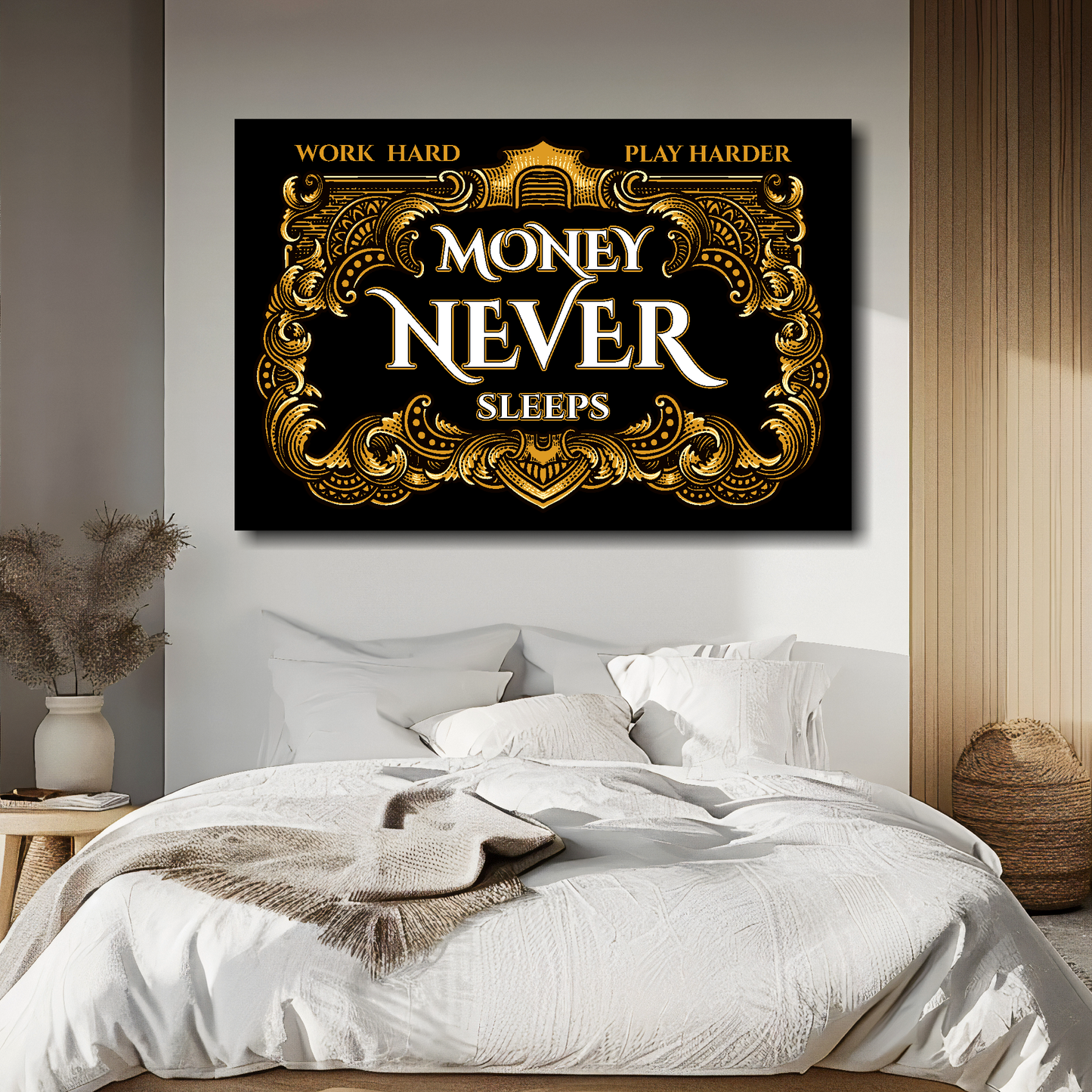 Large Canvas with quote 'Money Never Sleeps' mounted on a white wall above a double bed. Made in the UK.