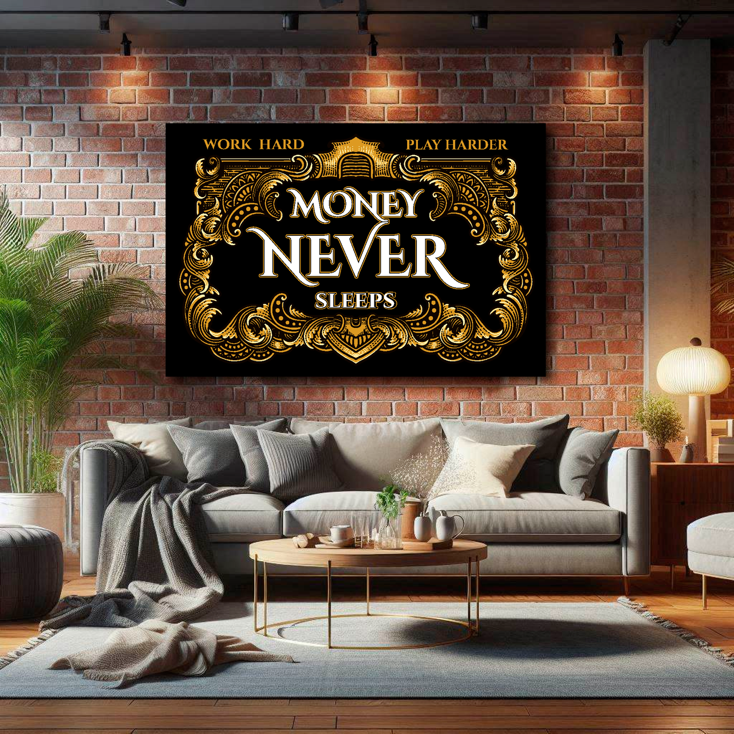 XL Canvas print with quote 'Money Never Sleeps' mounted on a lounge brick wall above a grey sofa. Made in the UK.