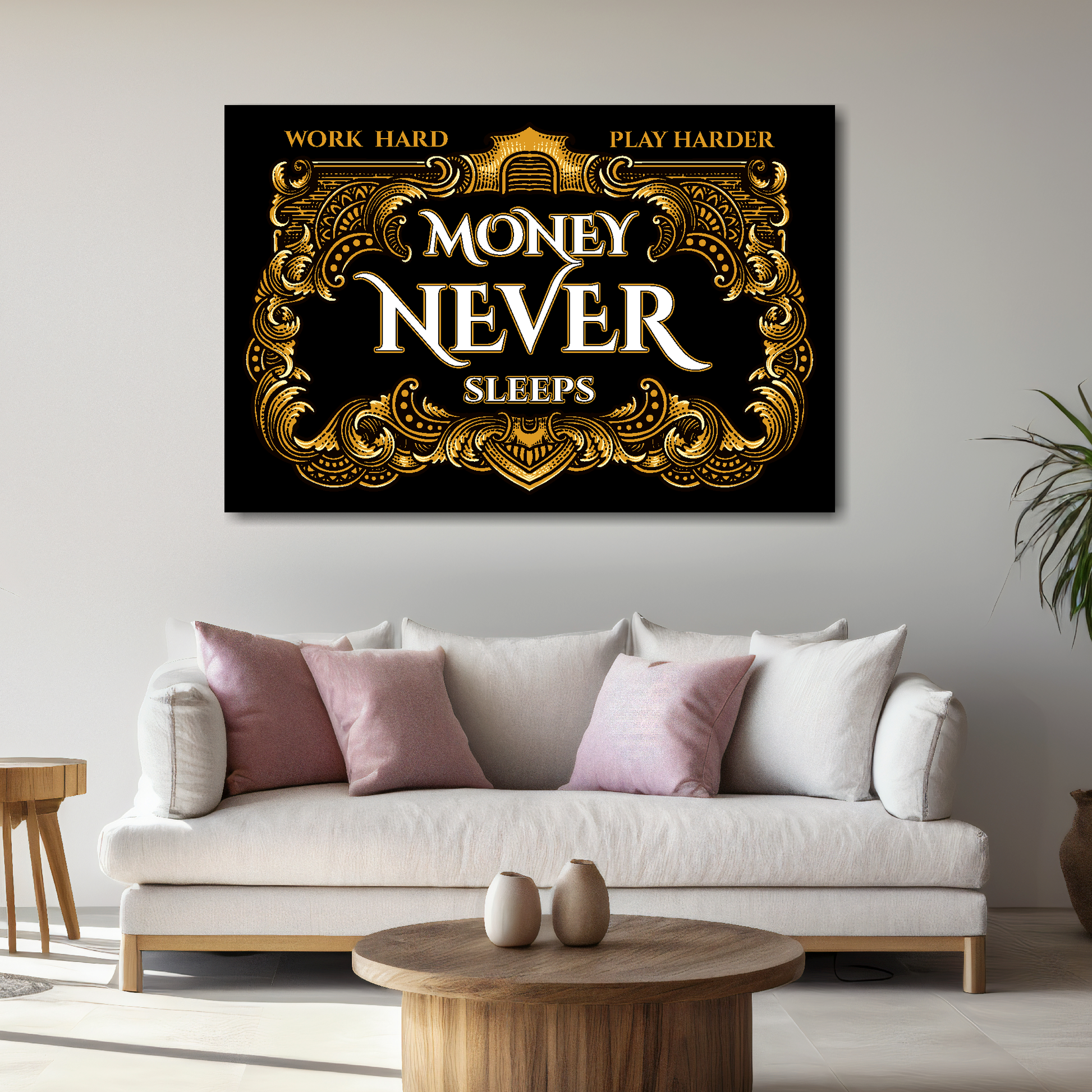 Large 36x24 inch Money Never Sleeps canvas wall art above cream sofa - UK made finance themed print
