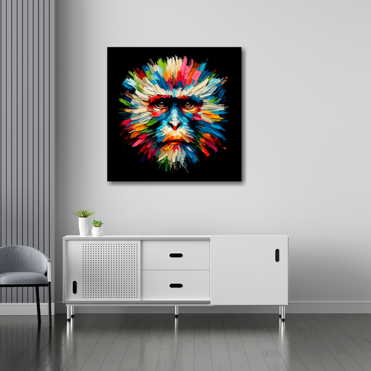 Monkey canvas 30x30 inches above sideboard - large colourful wildlife portrait UK made