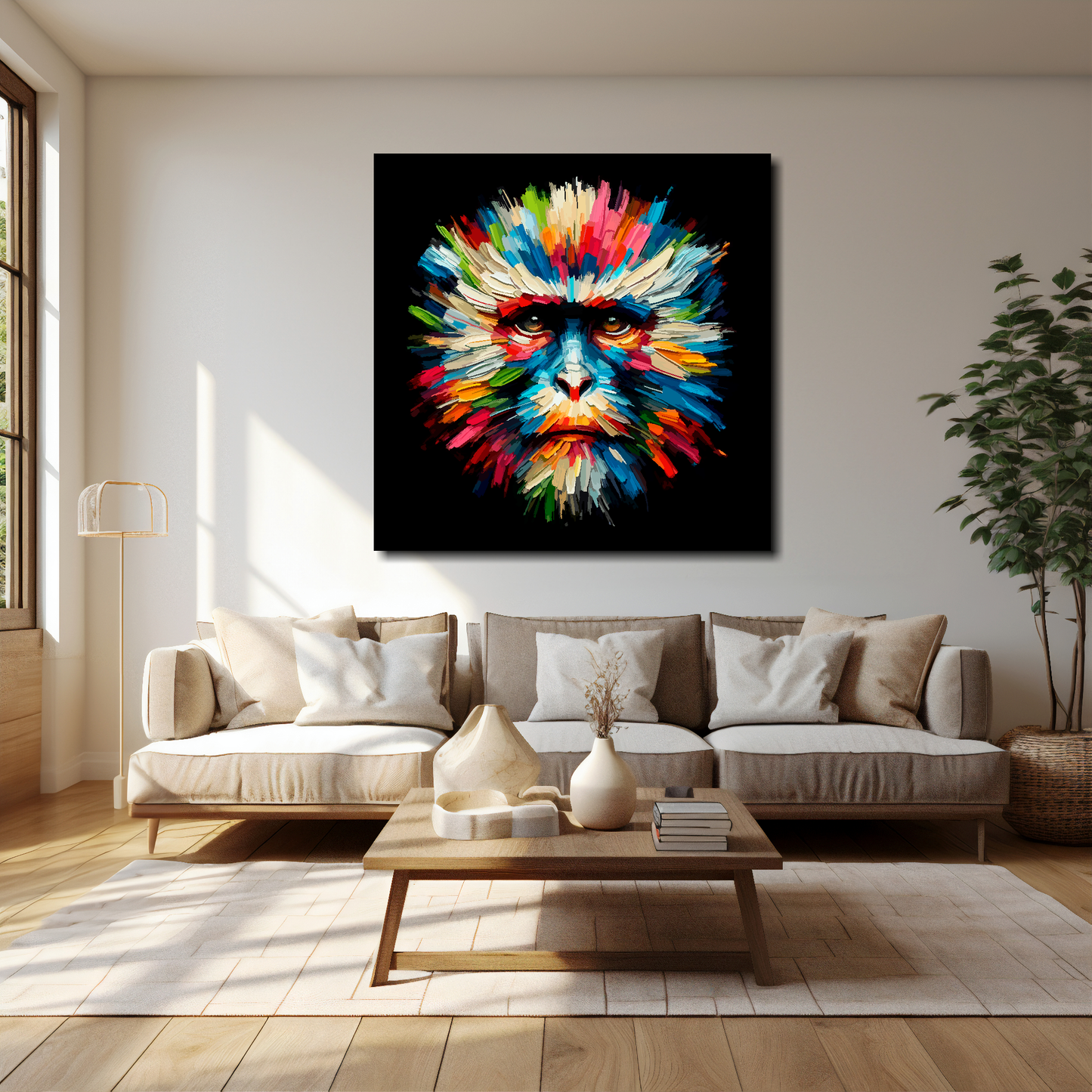 Monkey canvas 40x40 inches above cream sofa - XL vibrant wildlife wall art UK