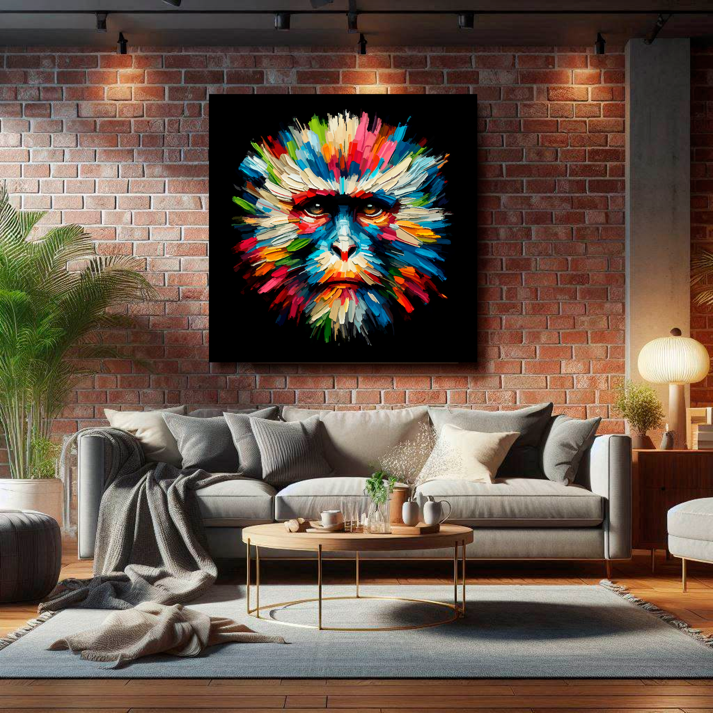 Large Monkey canvas on brick wall above grey sofa - bold wildlife portrait UK living room