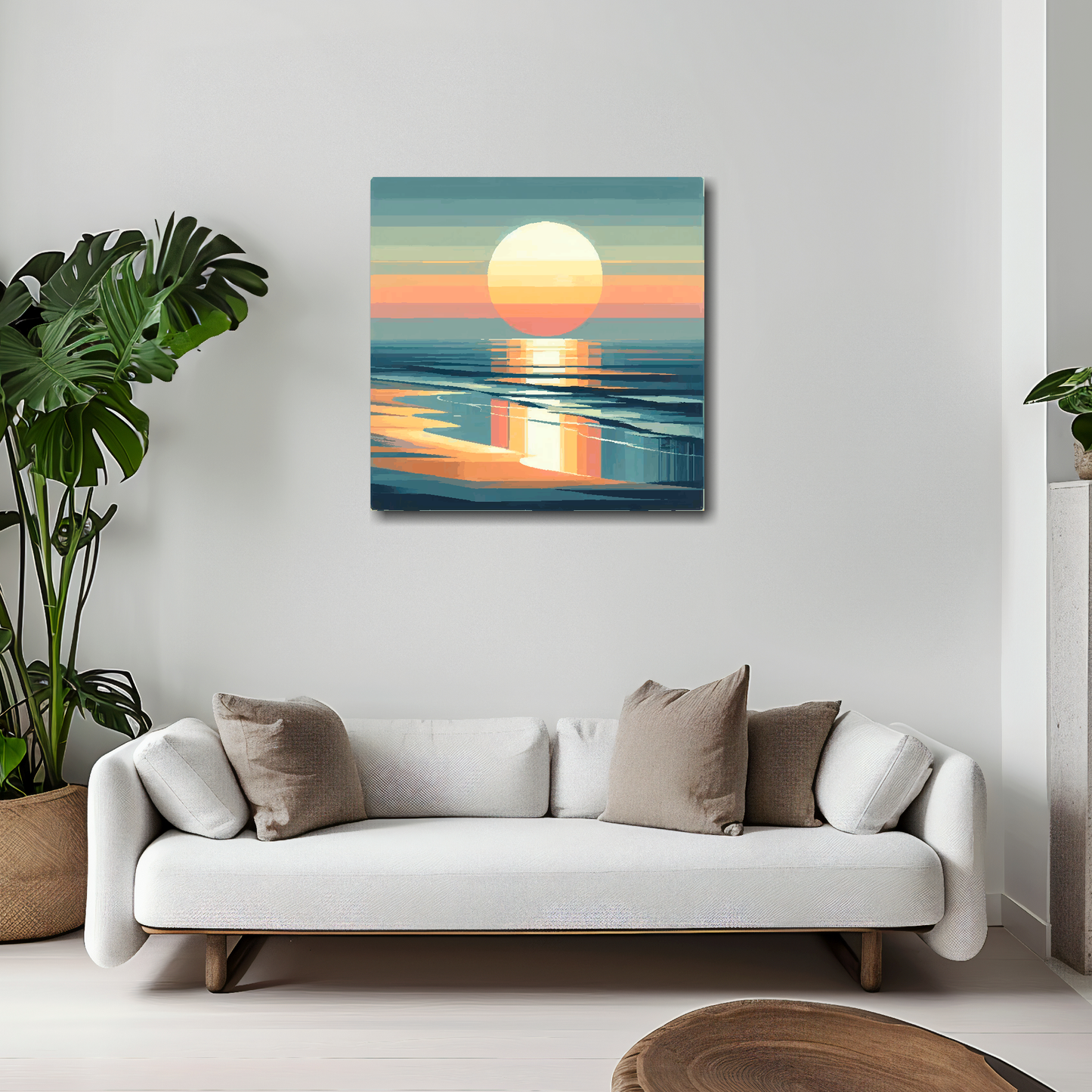 Moody sunset canvas 20x20 inches above white sofa - vibrant coastal wall art UK