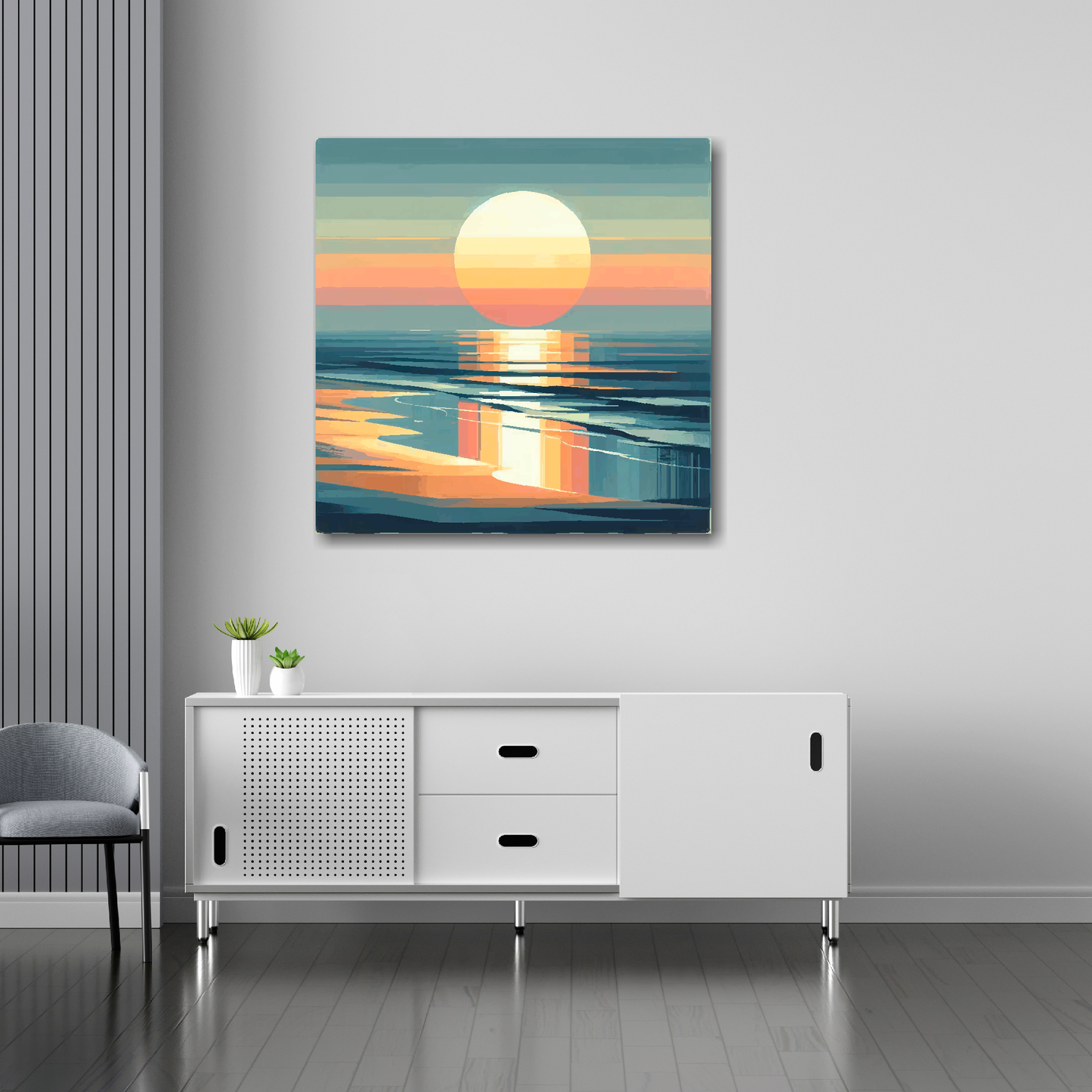 Moody sunset canvas 30x30 inches above sideboard - large colourful coastal art UK made