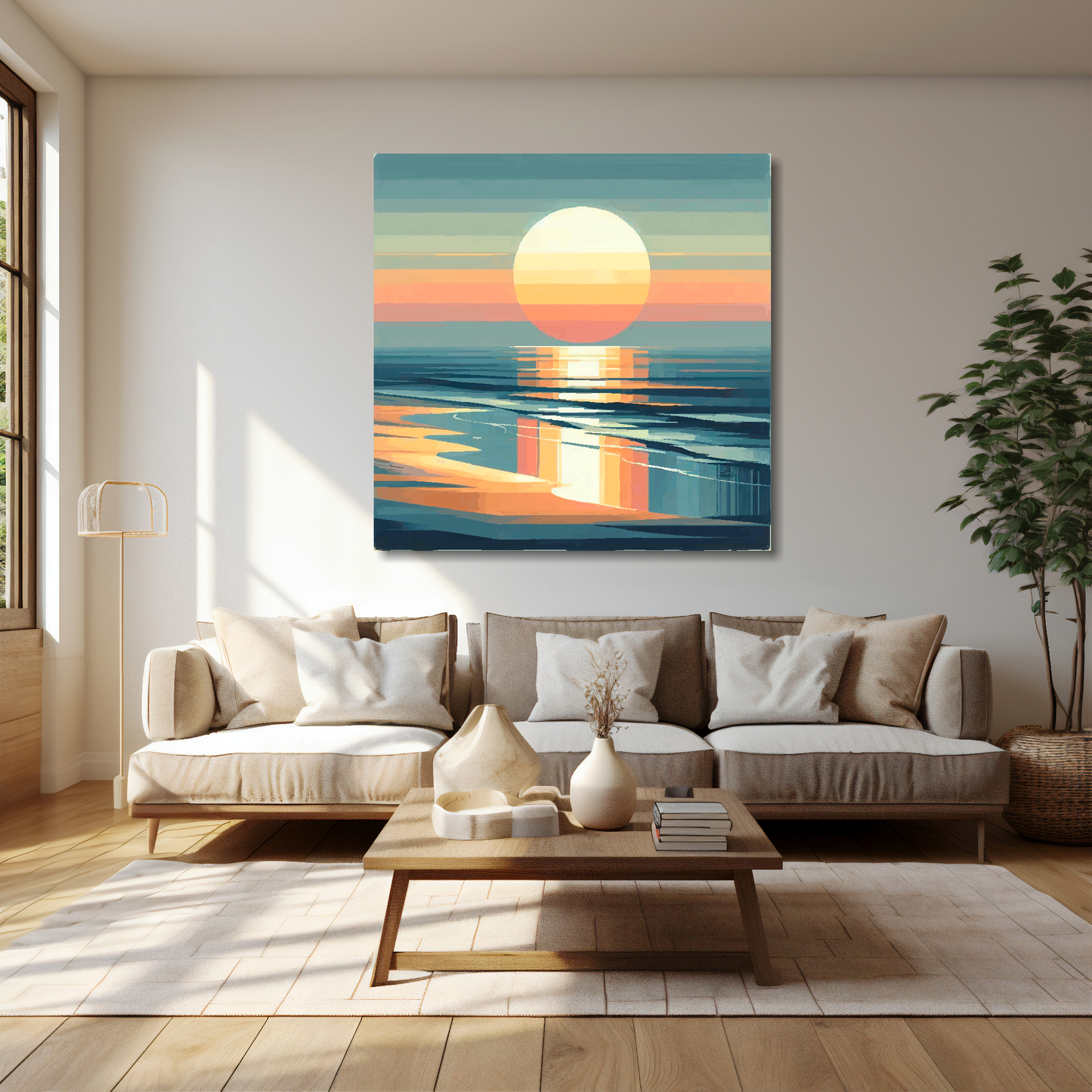 Moody sunset canvas 40x40 inches above cream sofa - XL vibrant coastal wall art UK