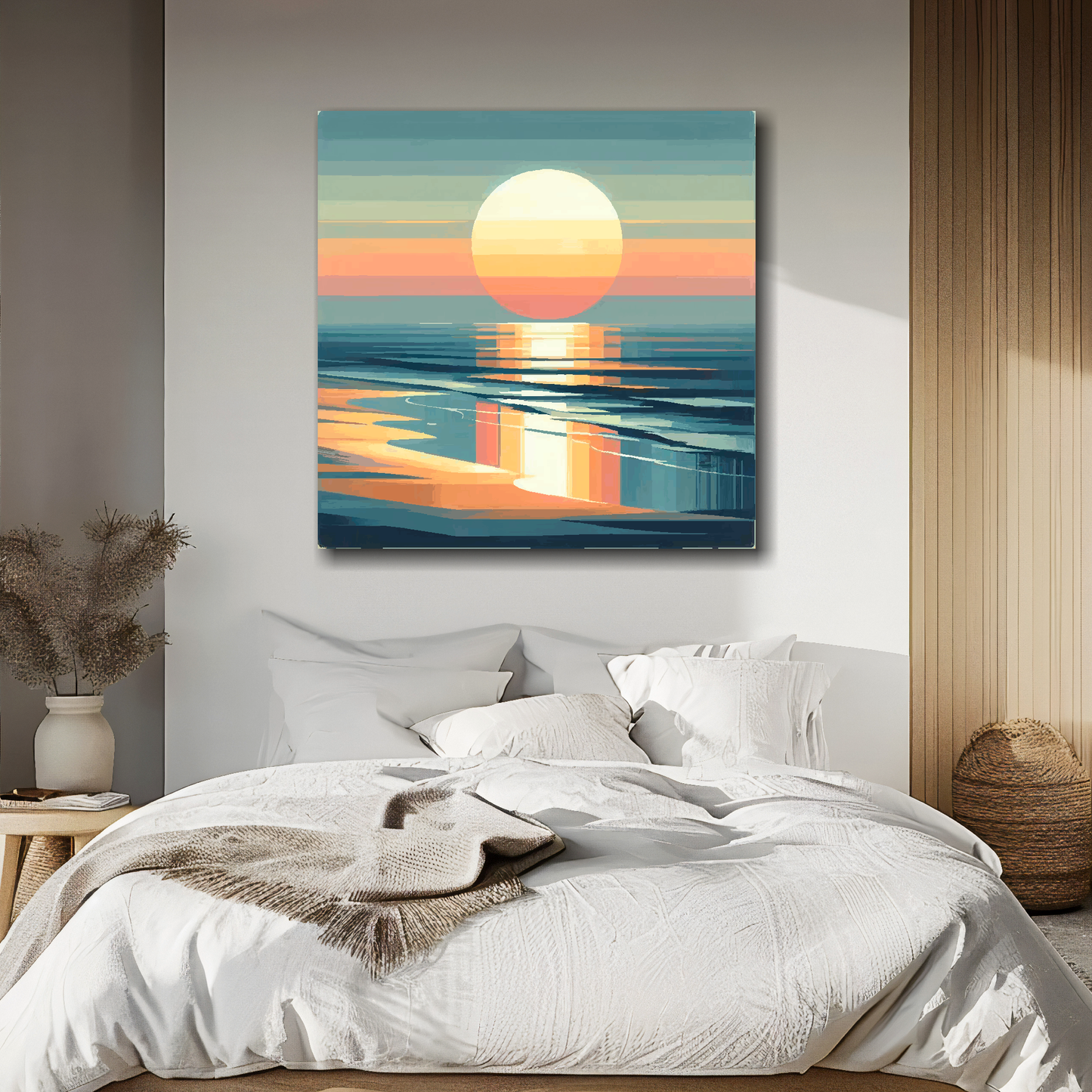 Moody sunset canvas above bed - colourful coastal wall decor for UK bedrooms