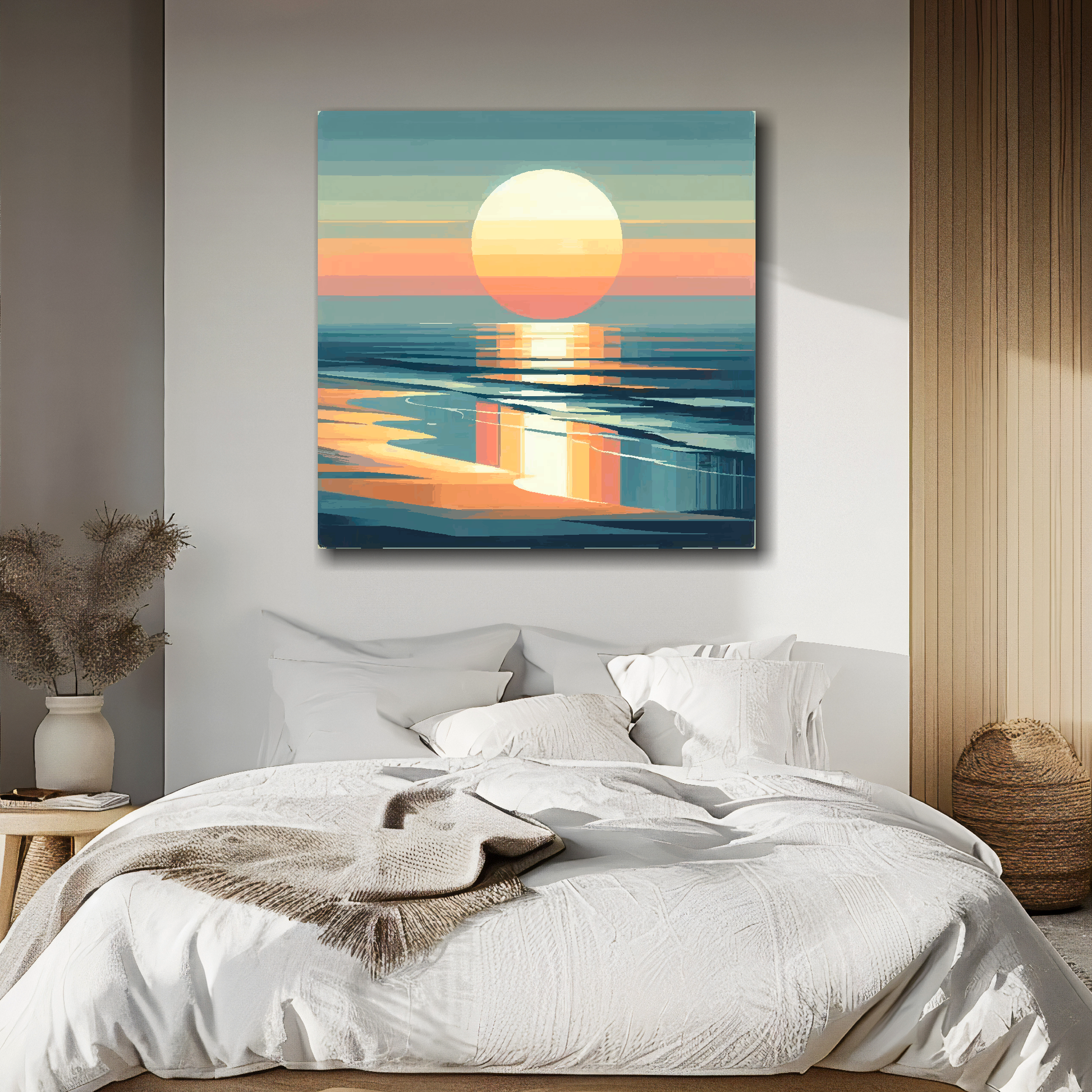 Moody sunset canvas above bed - colourful coastal wall decor for UK bedrooms