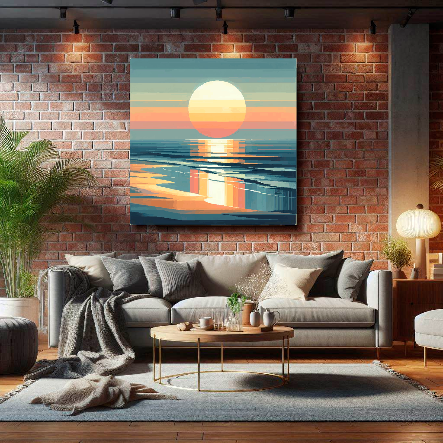 Large moody sunset canvas on brick wall above grey sofa - bold coastal art UK living room