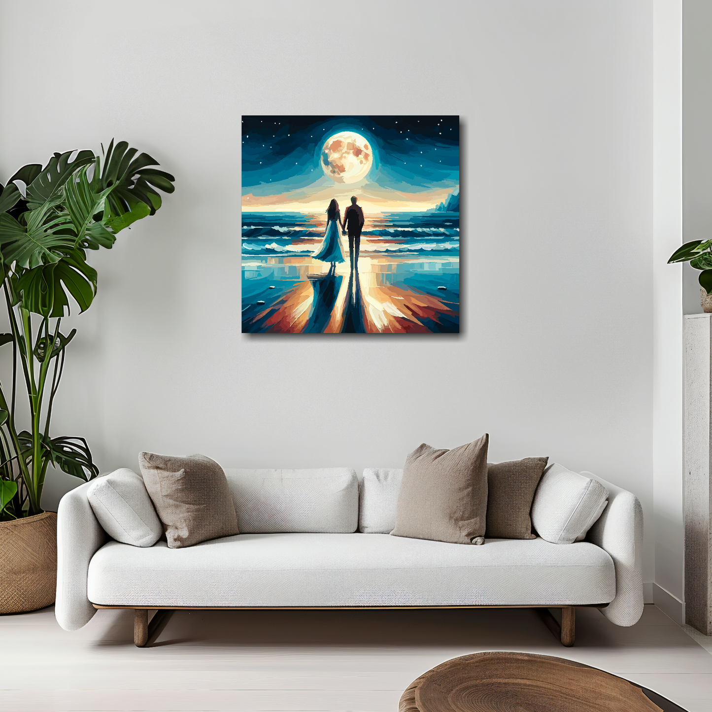 Moonlight romance canvas 20x20 inches above white sofa - vibrant coastal wall art UK