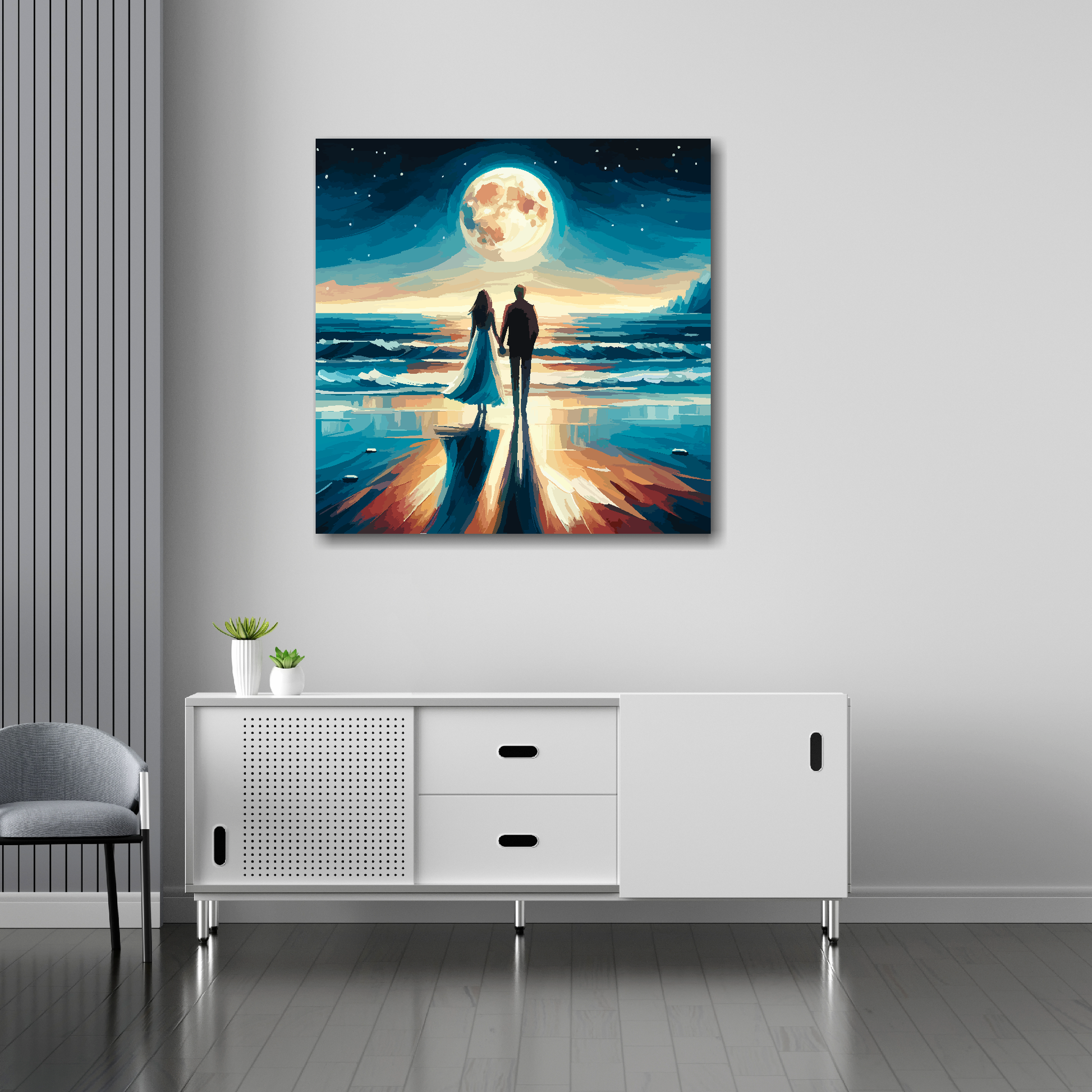 Moonlight romance canvas 30x30 inches above sideboard - large colourful coastal art UK made
