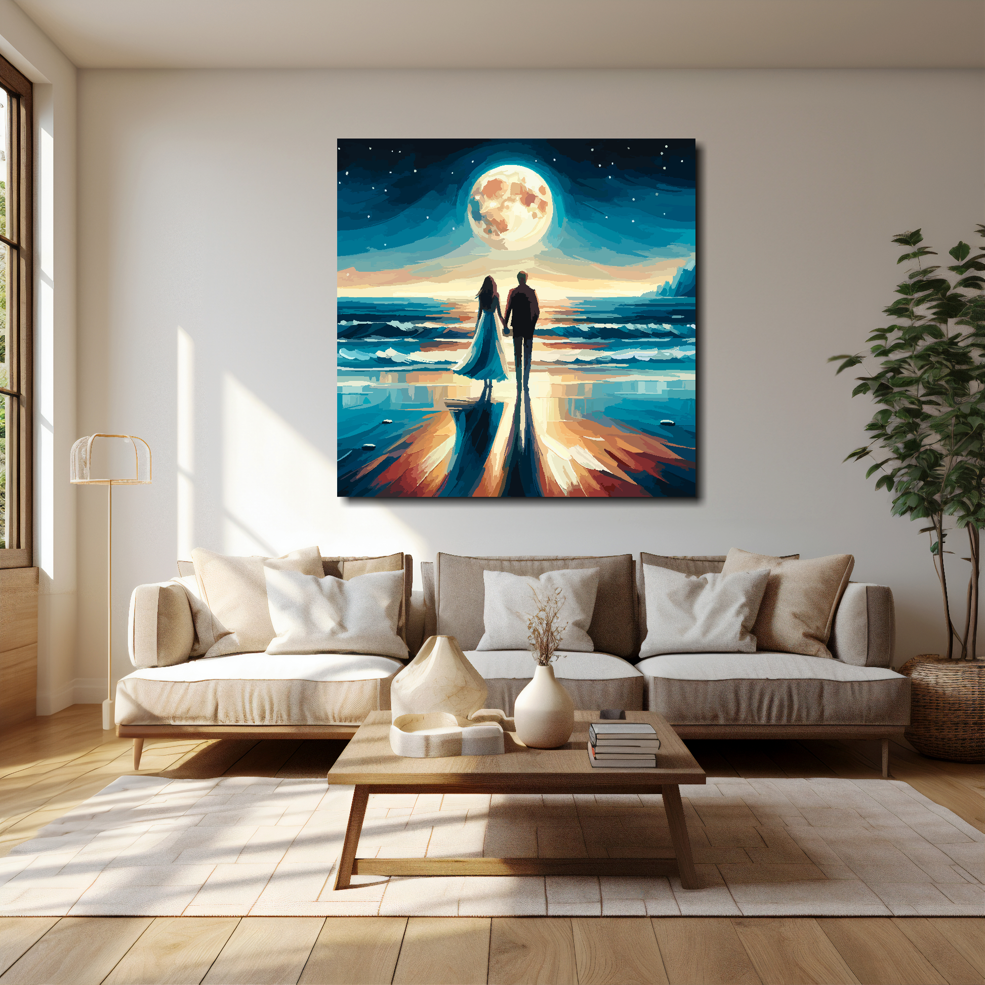 Moonlight romance canvas 40x40 inches above cream sofa - XL vibrant coastal wall art UK