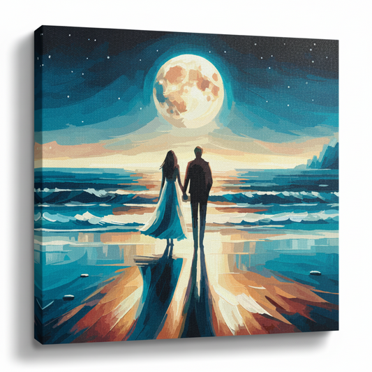 Colourful moonlight romance seascape canvas print - UK made abstract coastal wall art