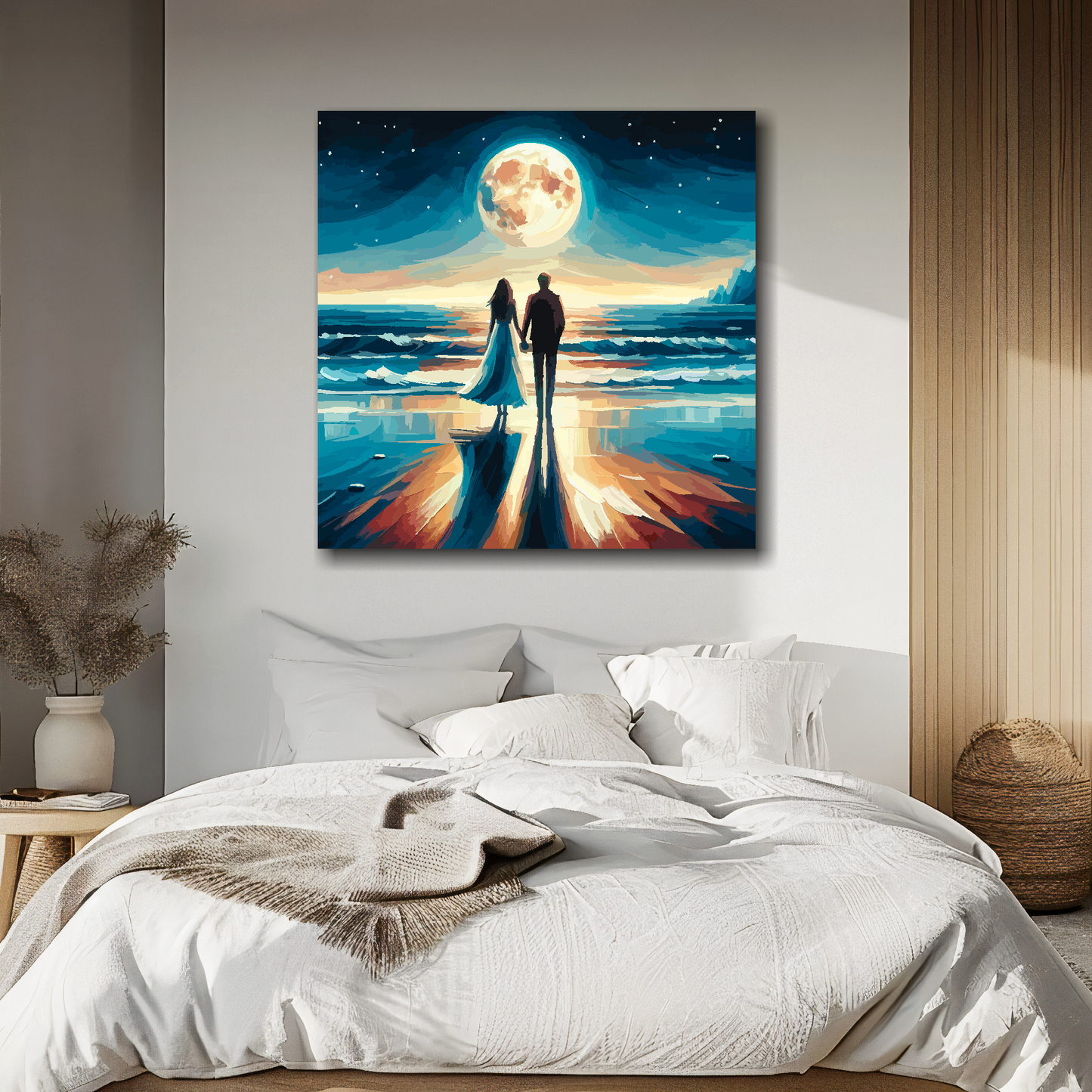 Moonlight romance canvas above bed - colourful coastal wall decor for UK bedrooms
