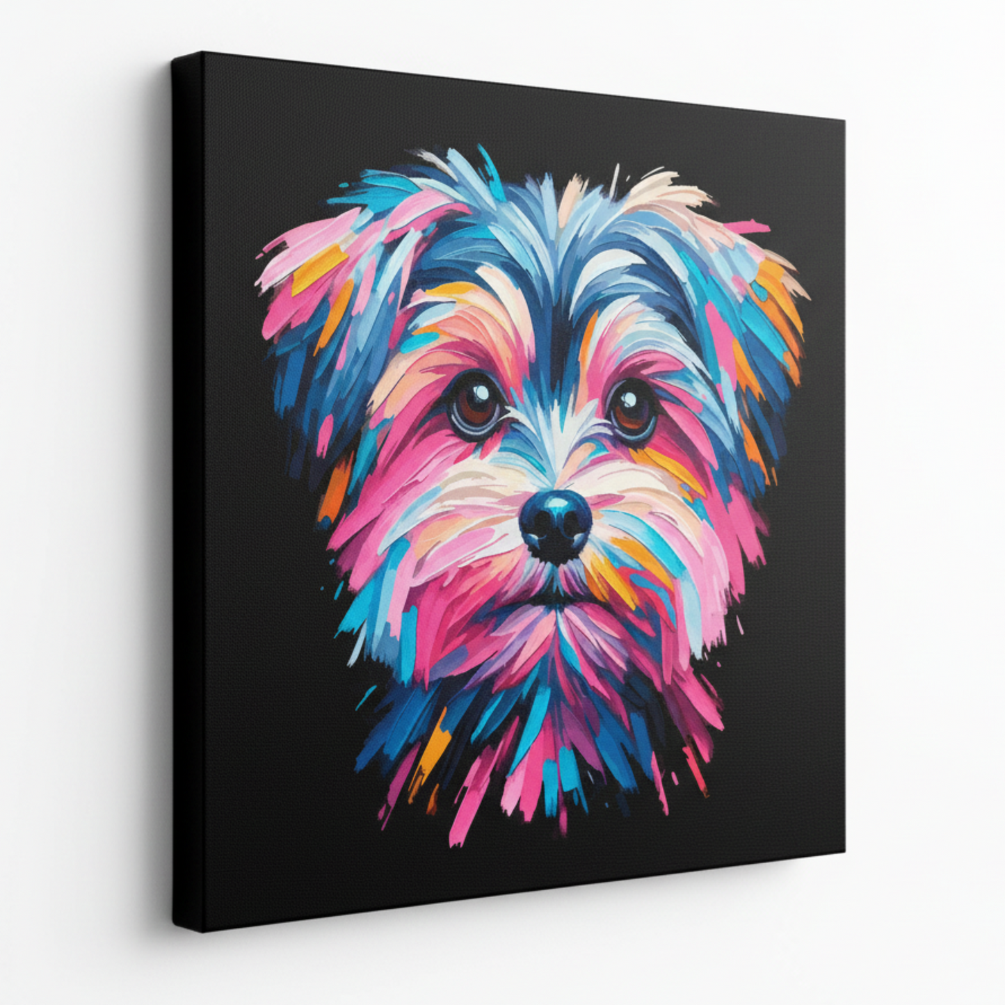 Colourful Morkie dog portrait canvas print - UK made abstract pet wall art black background