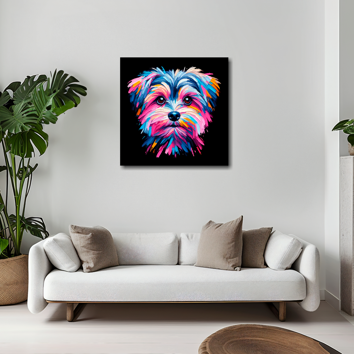 Morkie canvas 20x20 inches above white sofa - vibrant dog portrait wall art UK