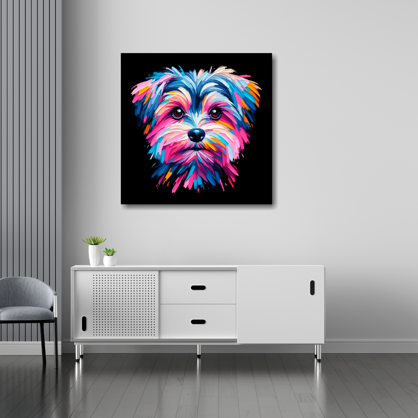 Morkie canvas 30x30 inches above sideboard - large colourful dog portrait UK made
