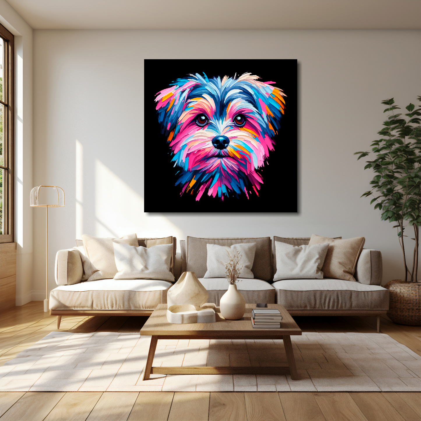 Morkie canvas 40x40 inches above cream sofa - XL vibrant dog wall art UK