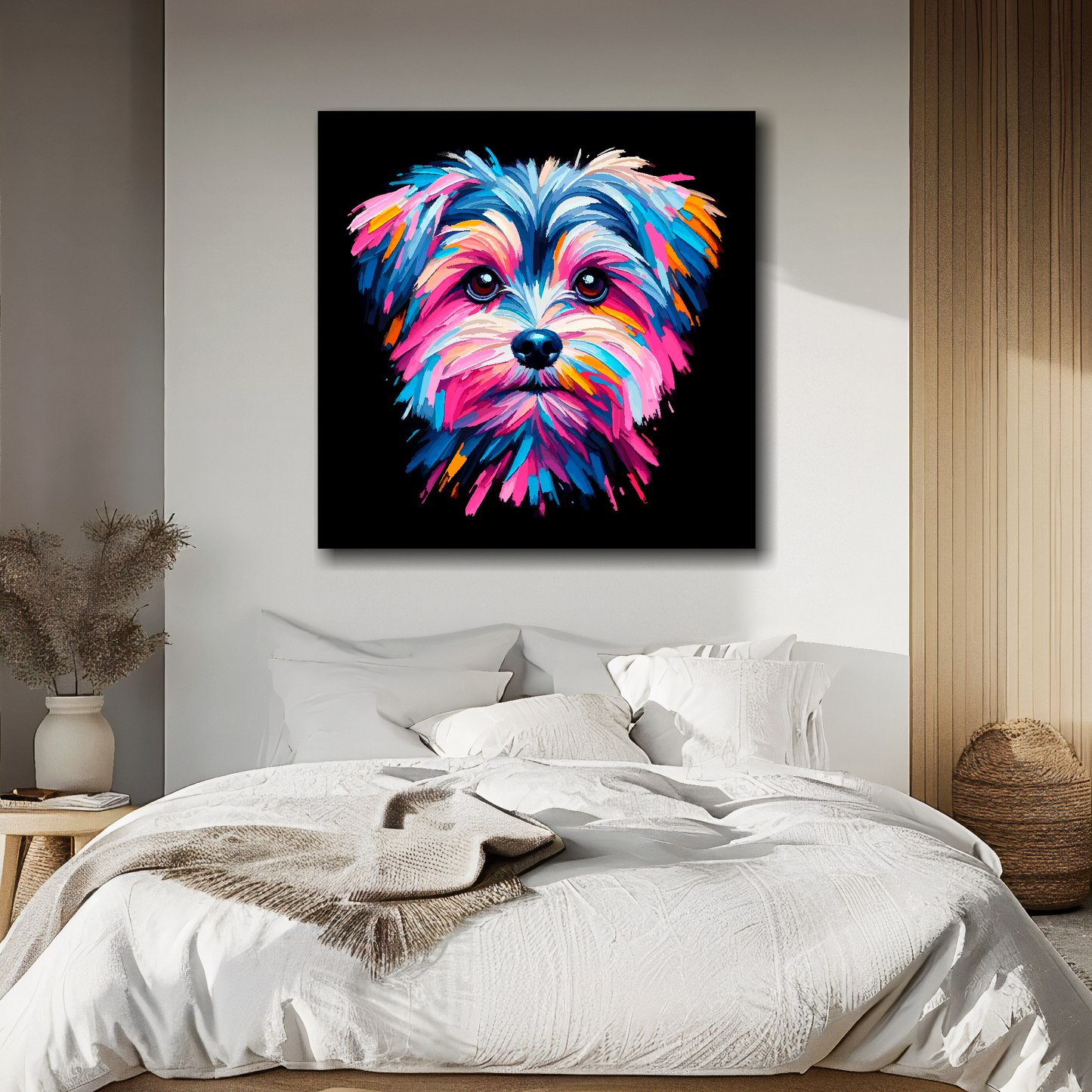 Morkie portrait canvas above bed - colourful dog wall decor for UK bedrooms