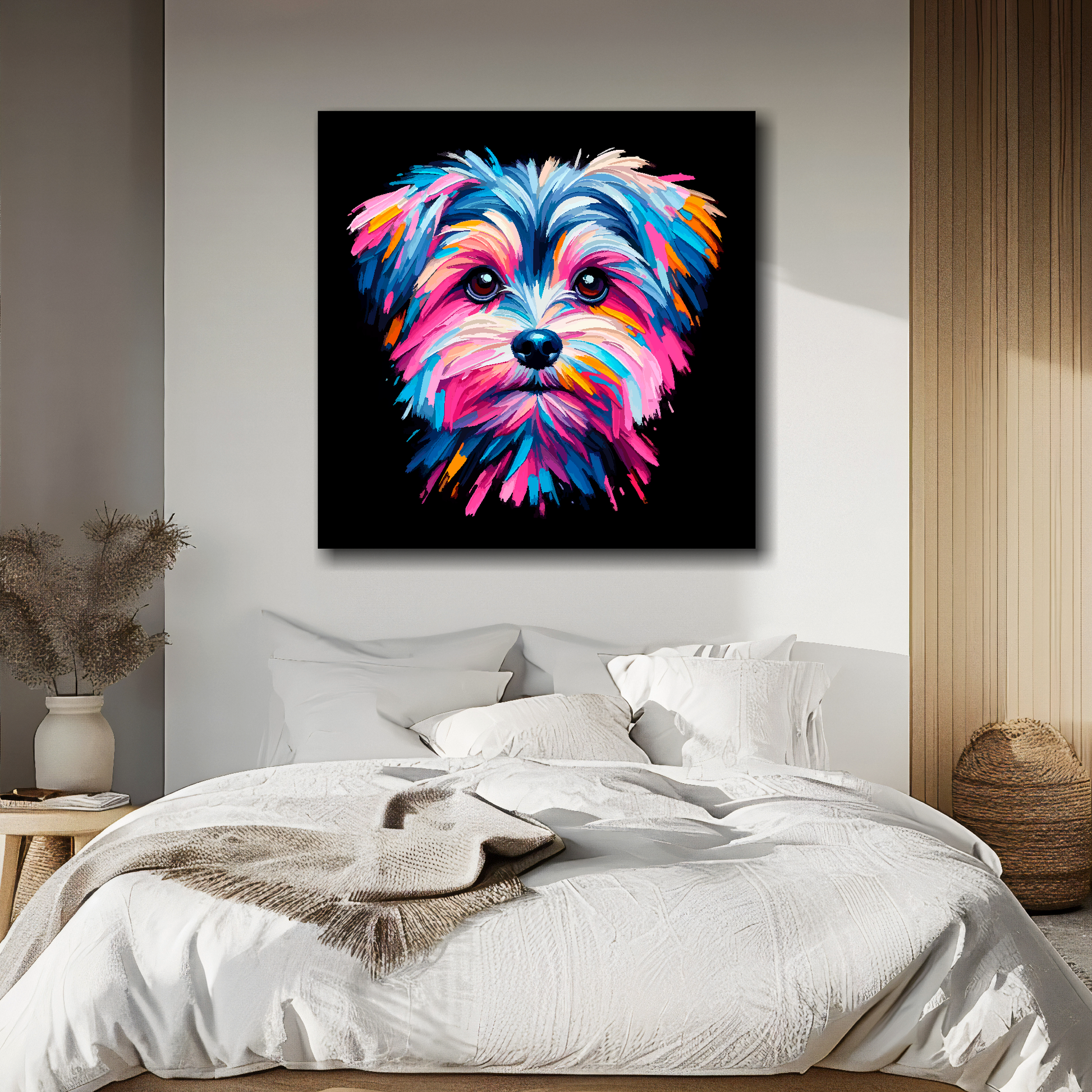 Morkie portrait canvas above bed - colourful dog wall decor for UK bedrooms
