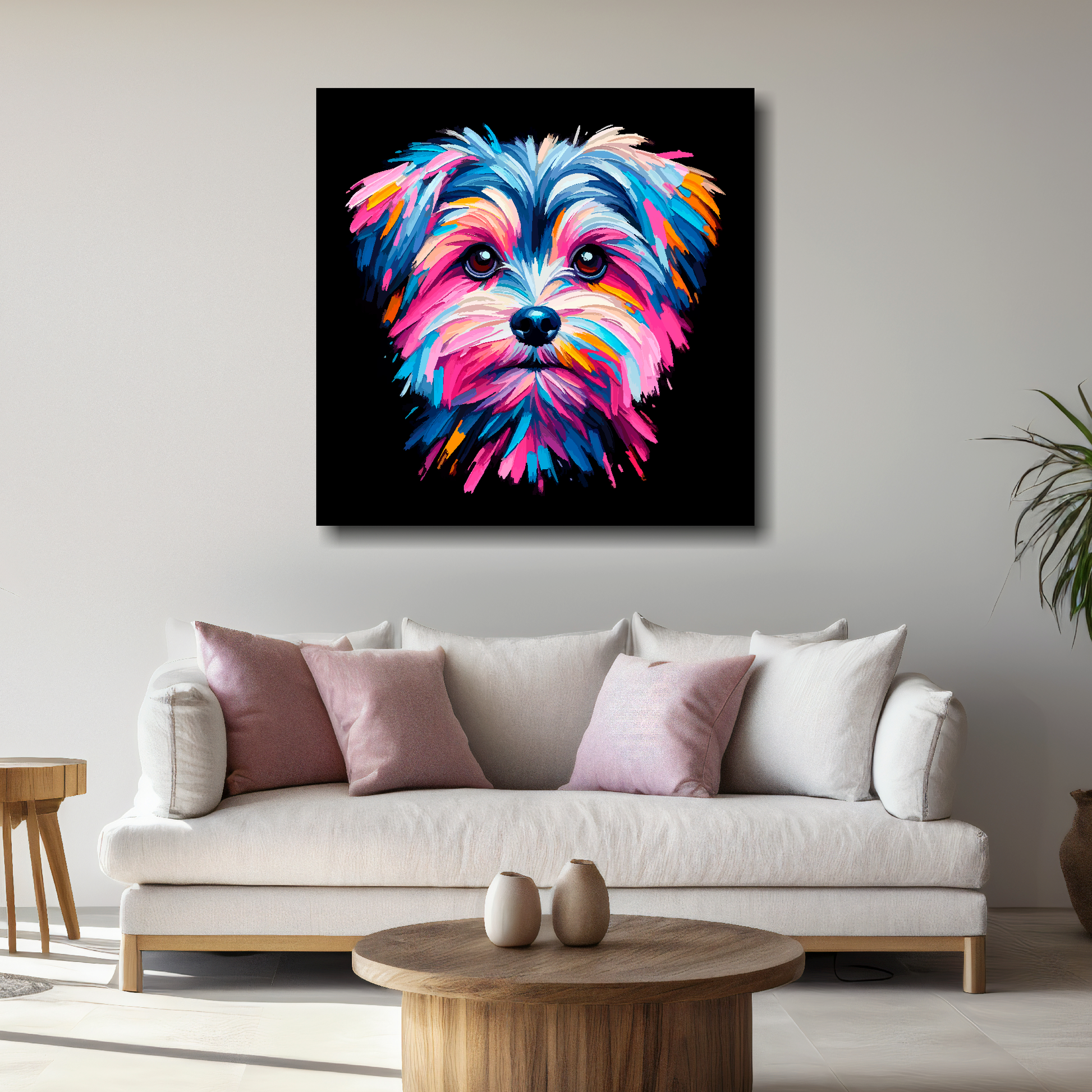 Large Morkie canvas above white sofa - vibrant abstract dog portrait wall art UK