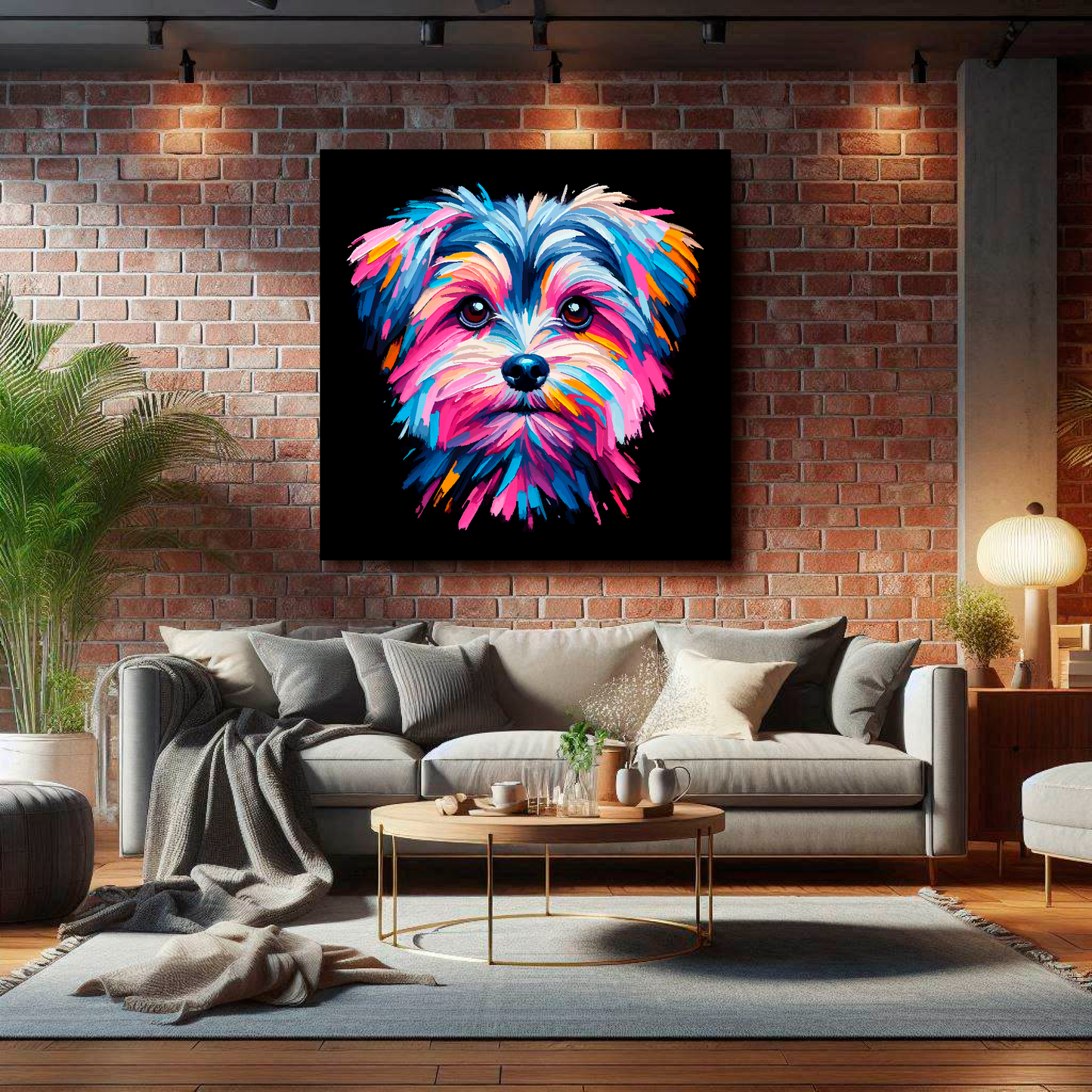 Large Morkie canvas on brick wall above grey sofa - bold dog portrait UK living room