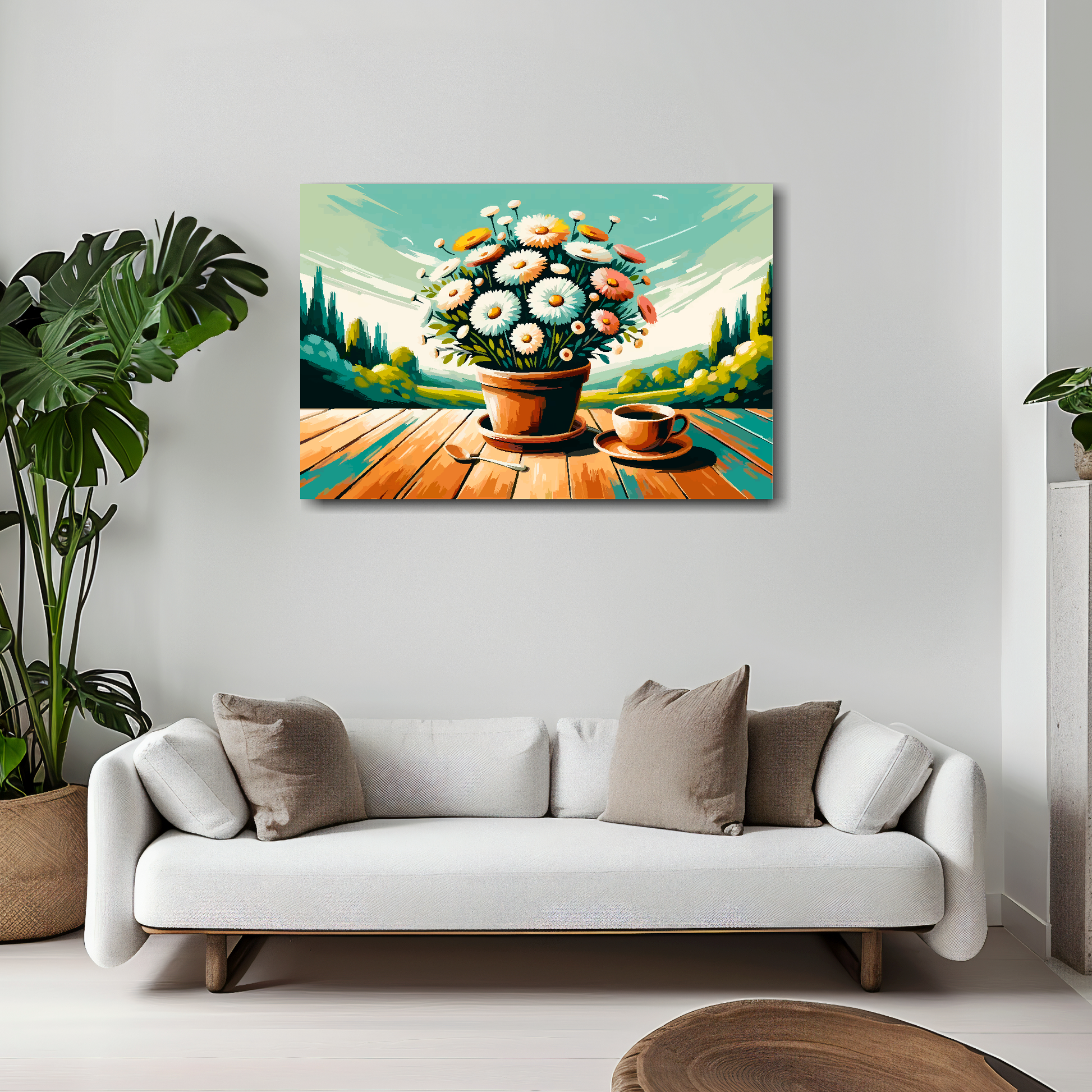 Morning daisies canvas 30x20 inches above white sofa - vibrant floral wall art UK