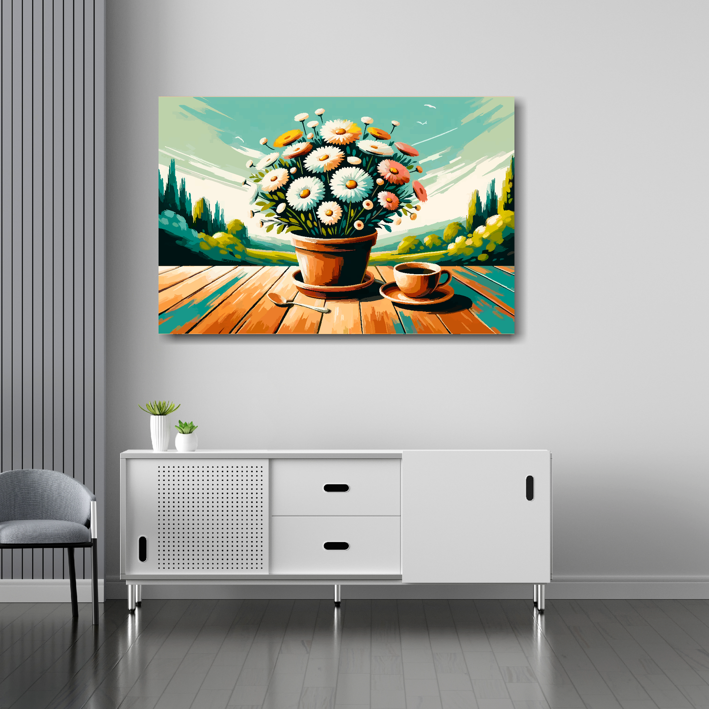 Morning daisies canvas 36x24 inches above sideboard - large colourful floral art UK made