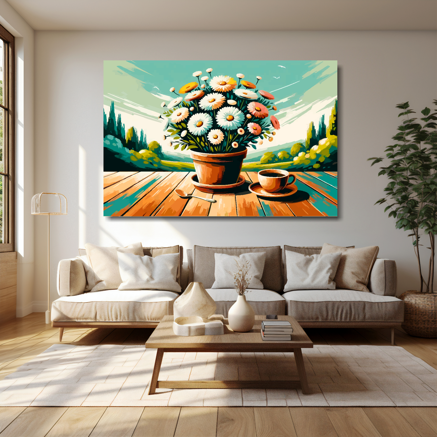 Morning daisies canvas 60x40 inches above cream sofa - XL vibrant floral wall art UK
