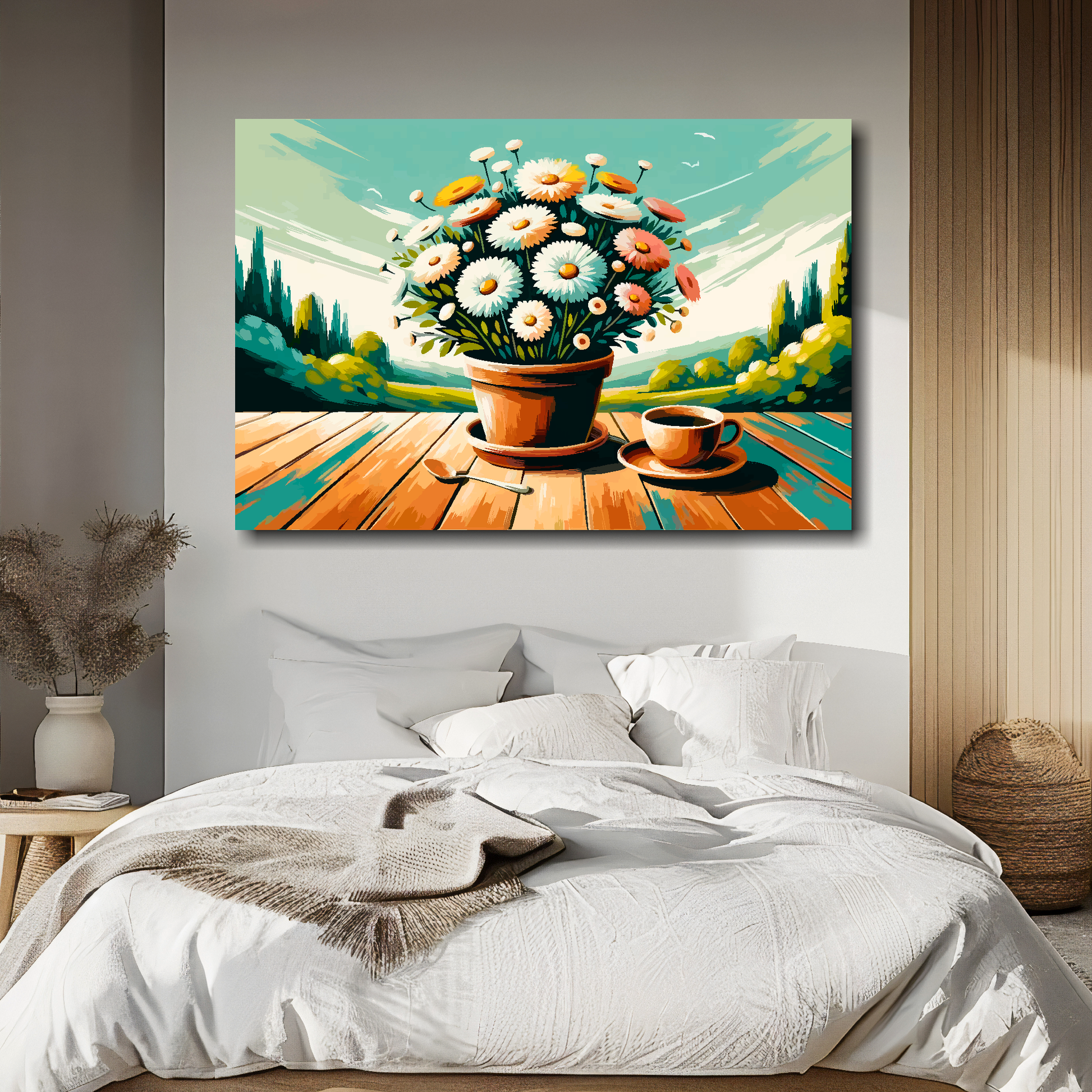 Morning daisies canvas above bed - colourful floral wall decor for UK bedrooms