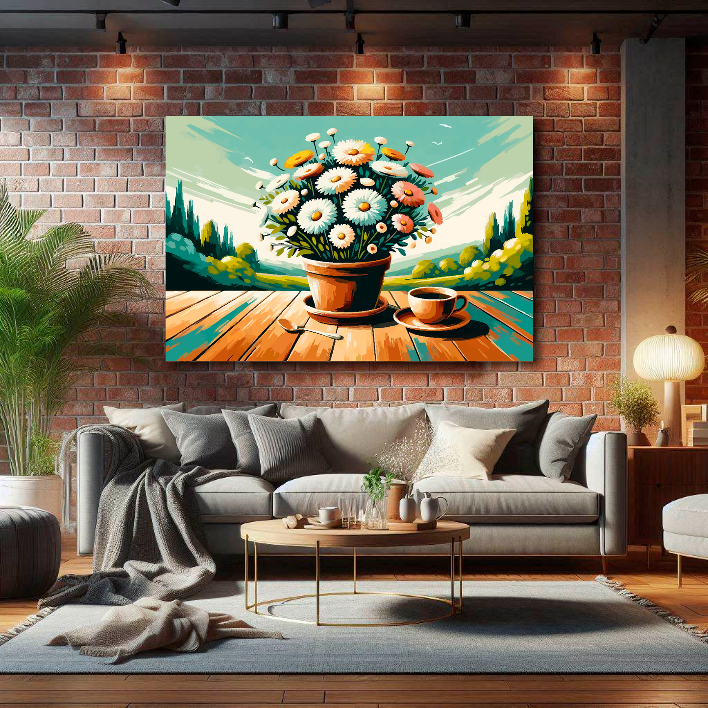 Large morning daisies canvas on brick wall above grey sofa - bold floral art UK living room