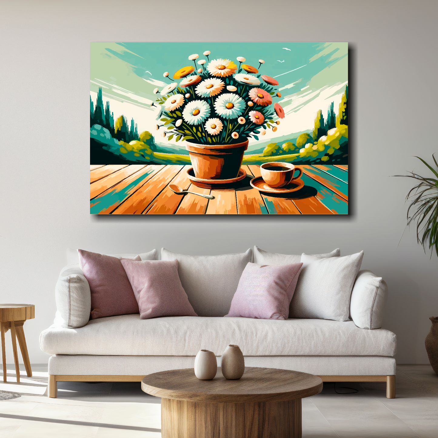 Large morning daisies canvas above white sofa - vibrant abstract floral wall art UK