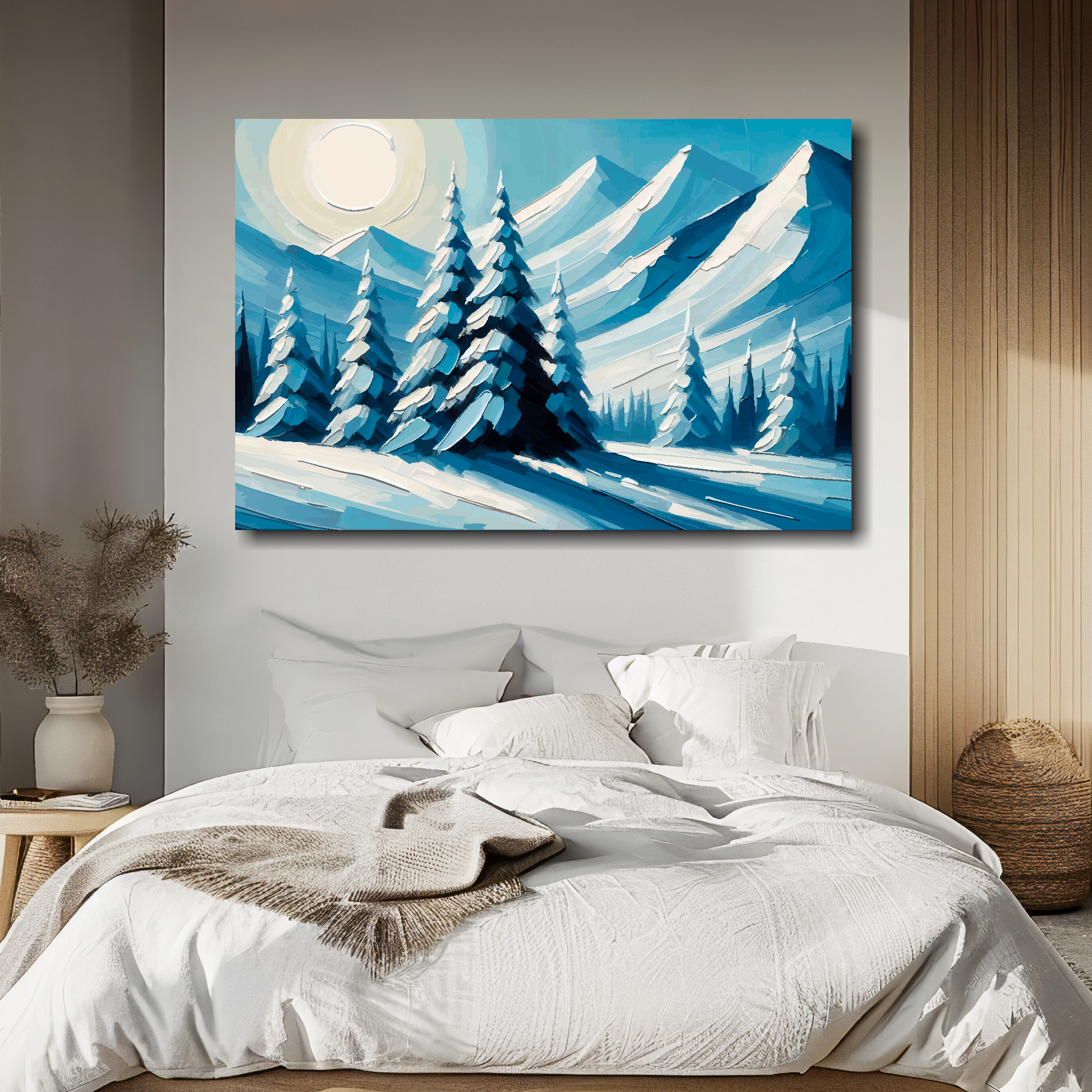 Silent peaks canvas above bed - colourful mountain wall decor for UK bedrooms
