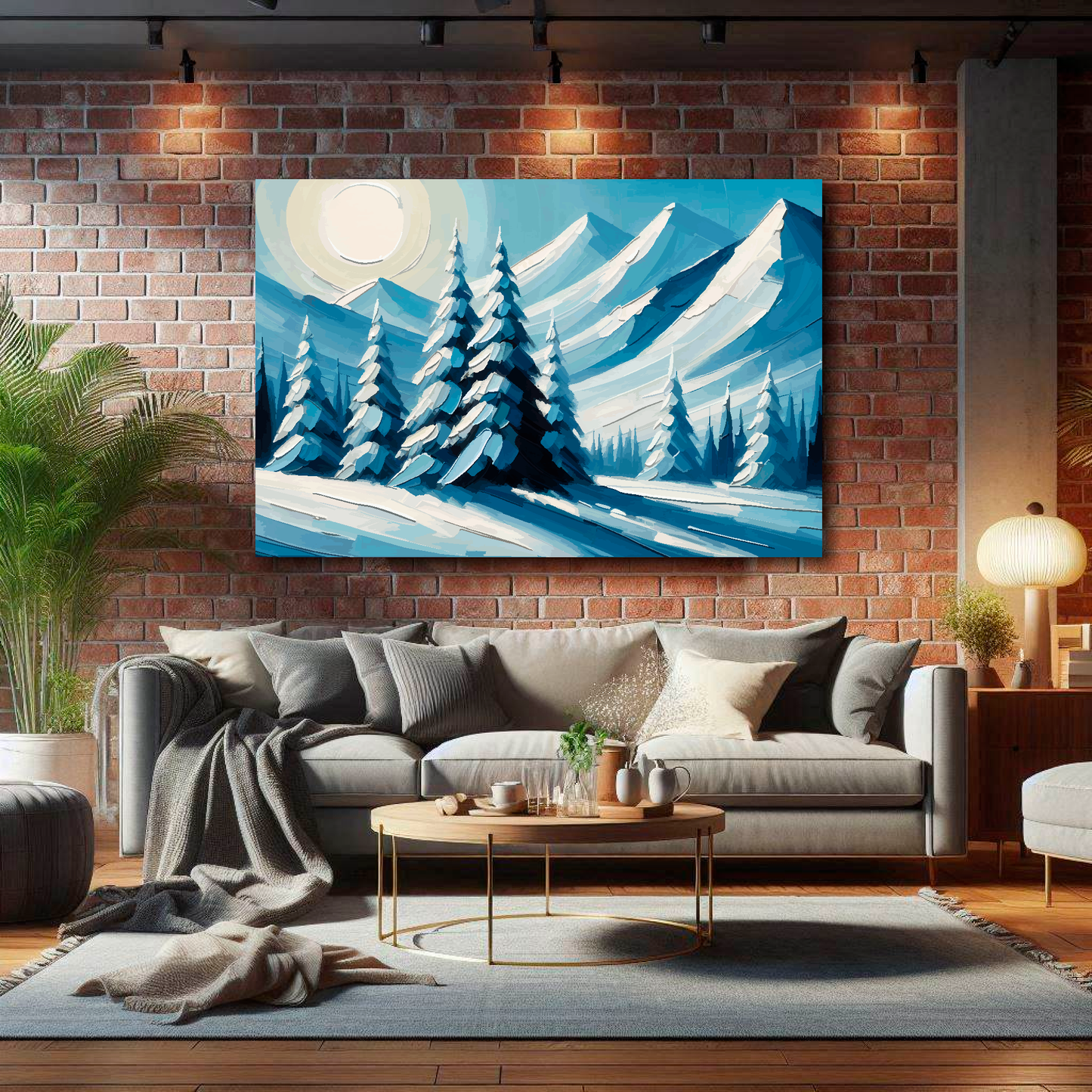 Large silent peaks canvas on brick wall above grey sofa - bold mountain art UK living room