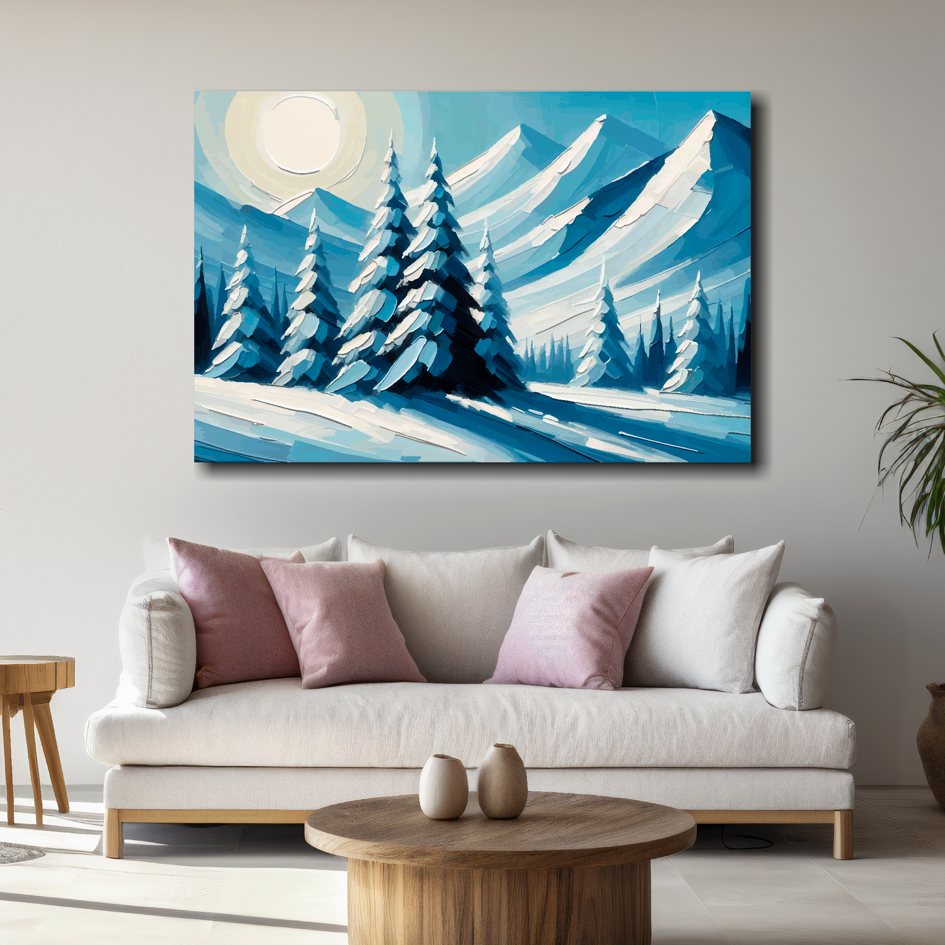 Large silent peaks canvas above white sofa - vibrant abstract mountain wall art UK