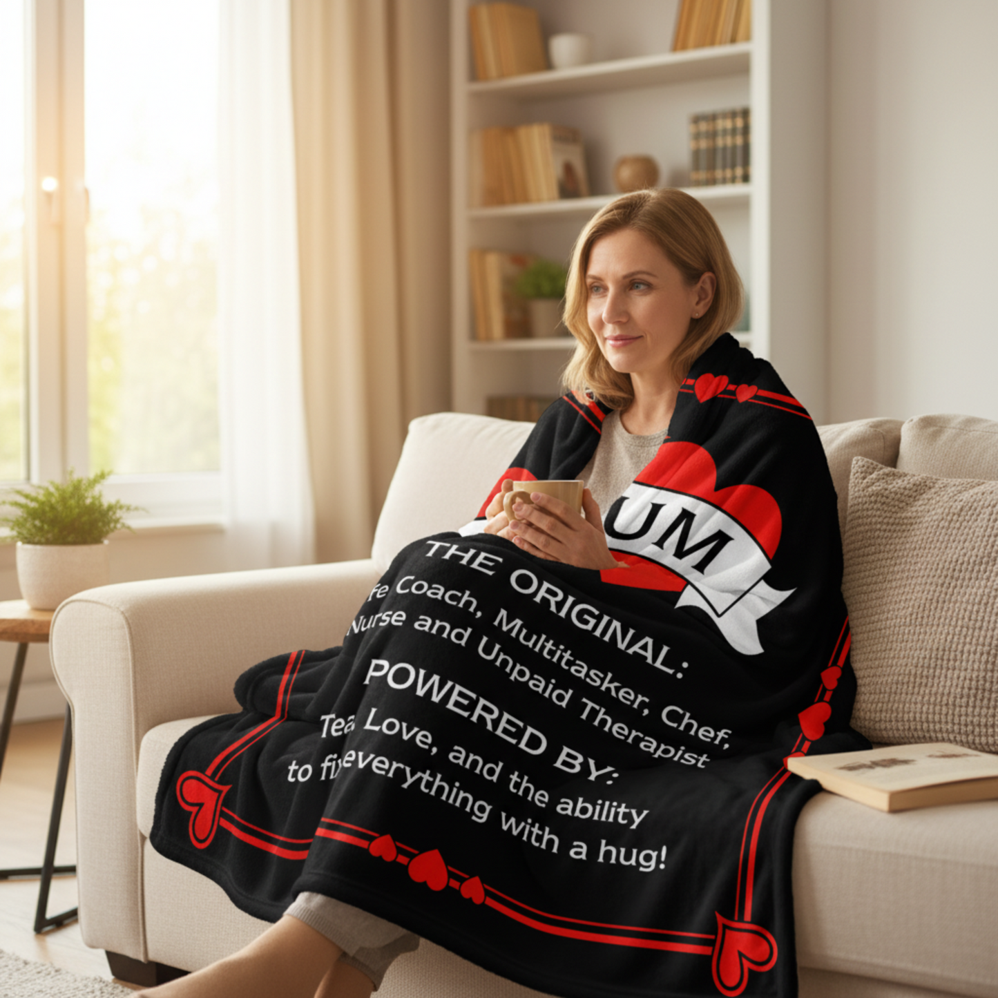 Mum fleece blanket - cosy black throw perfect for sofa or bed, UK made