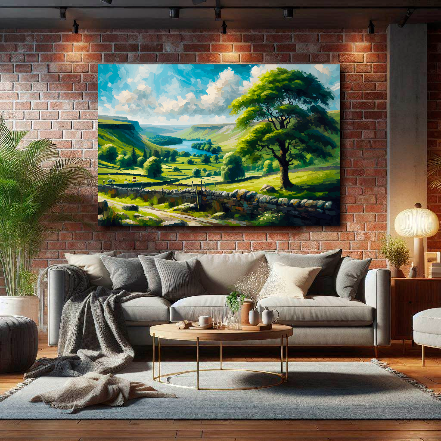 Large national park canvas on brick wall above grey sofa - bold landscape art UK living room
