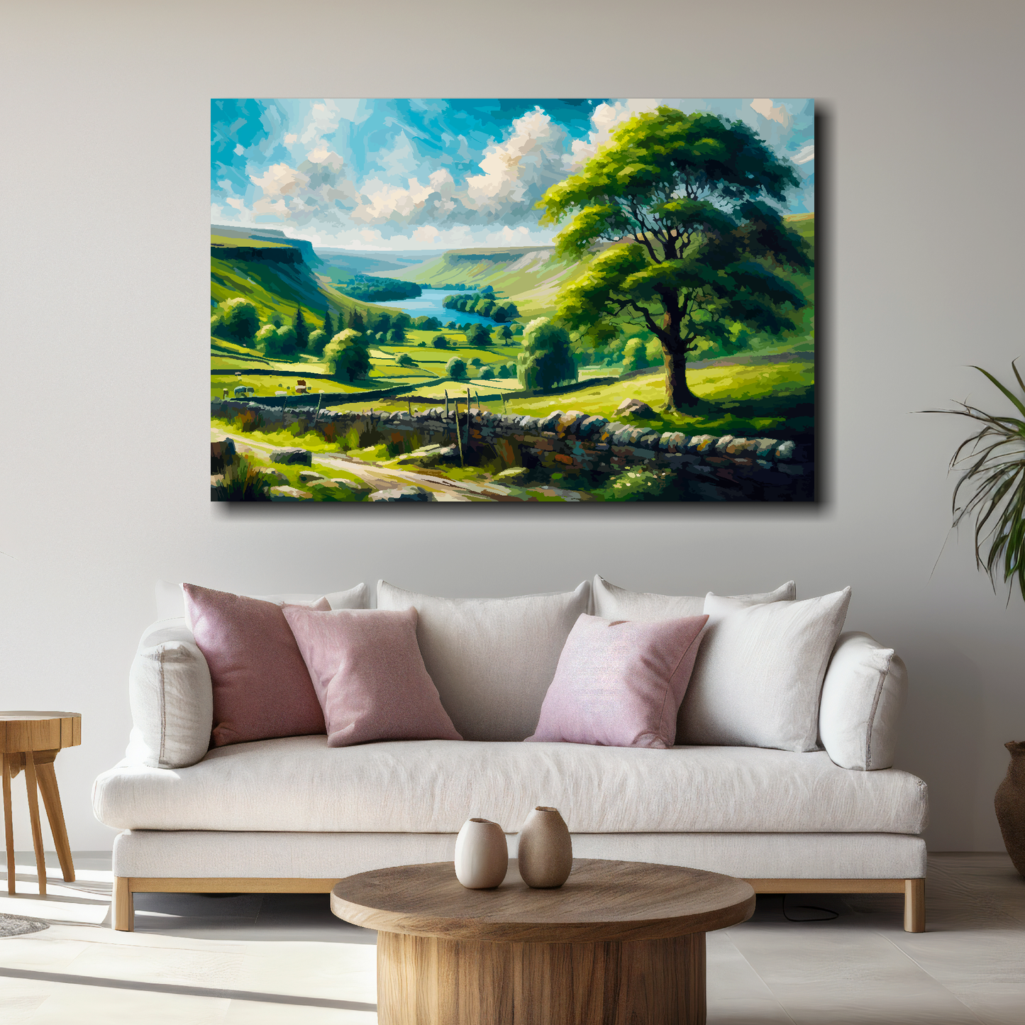 Large national park canvas above white sofa - vibrant abstract landscape wall art UK