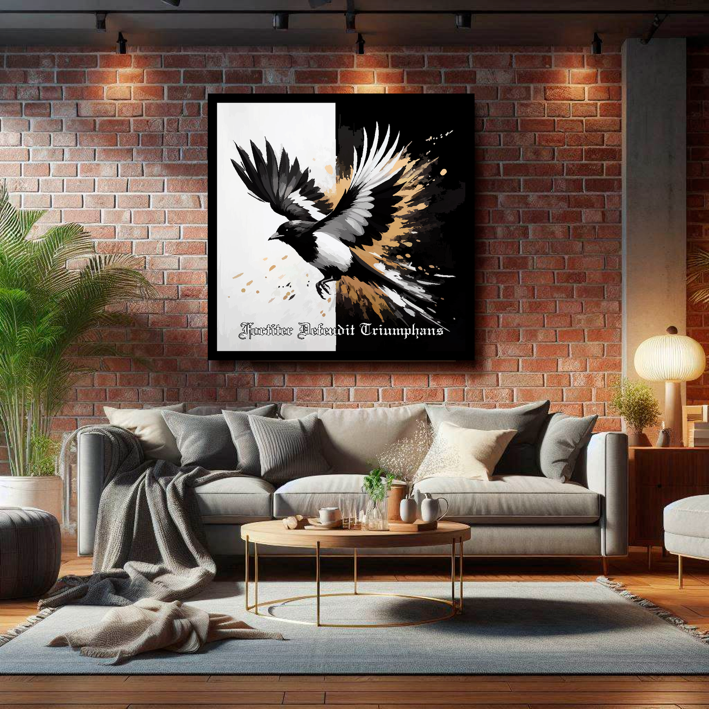 Large Newcastle United inspired canvas on brick wall above grey sofa - bold UK football art living room